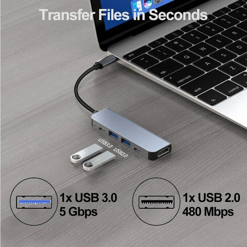 5-in-1 Type-C to HDMI Adapter USB C HUB 4K30Hz PD100W Docking Station USB-C 3.1 Splitter for MacBook iPad Pro Huawei USB 3.0 HUB - Korvel