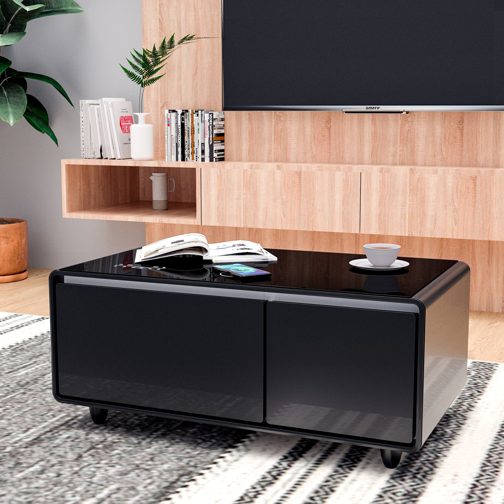 Modern Smart Coffee Table with Built-in Fridge, Bluetooth Speaker, Wireless Charging, Touch Control Panel, USB Interface Black - Korvel