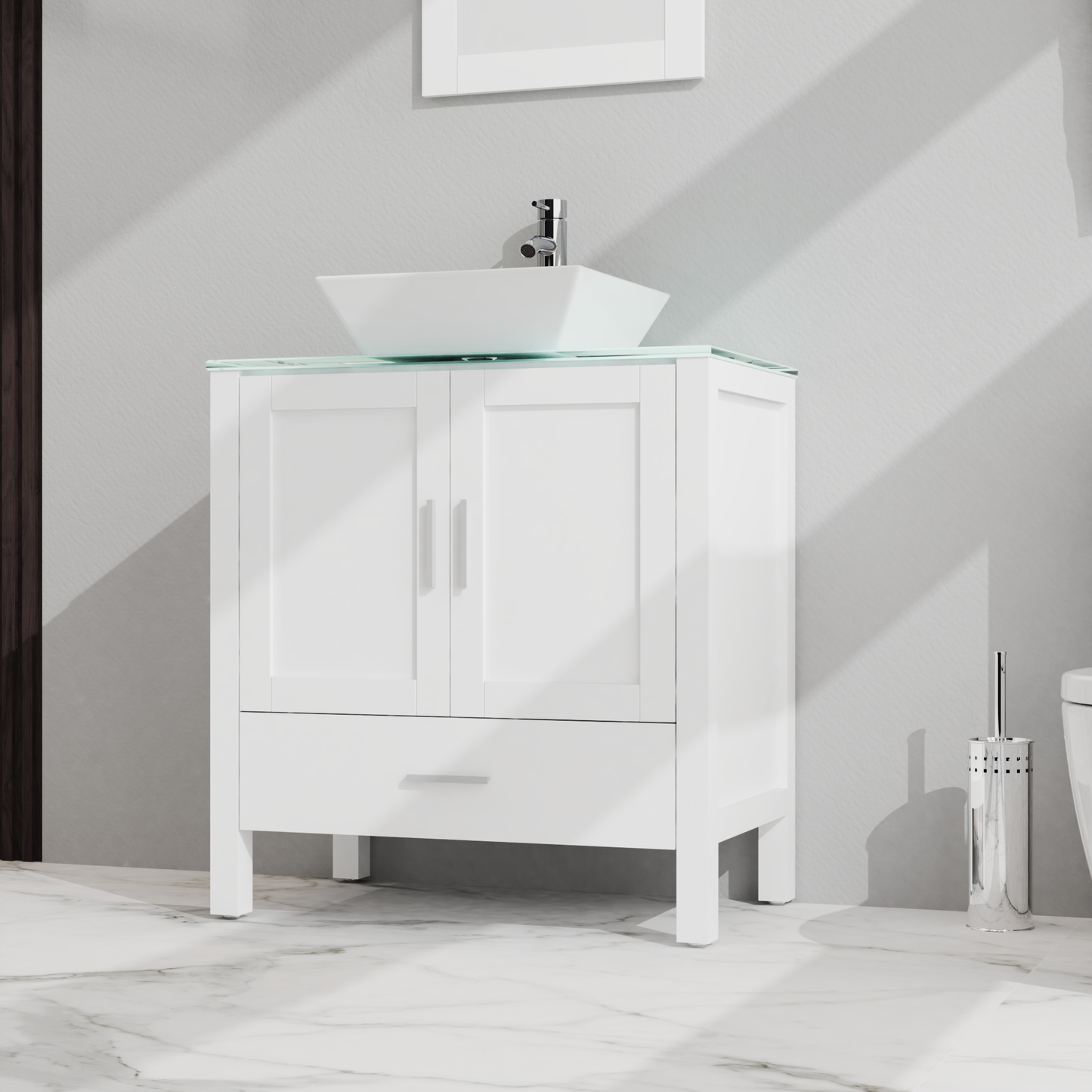 Goodyo 30" Bathroom Vanity and Sink Combo Glass Top Cabinet w/Mirror, White - Korvel