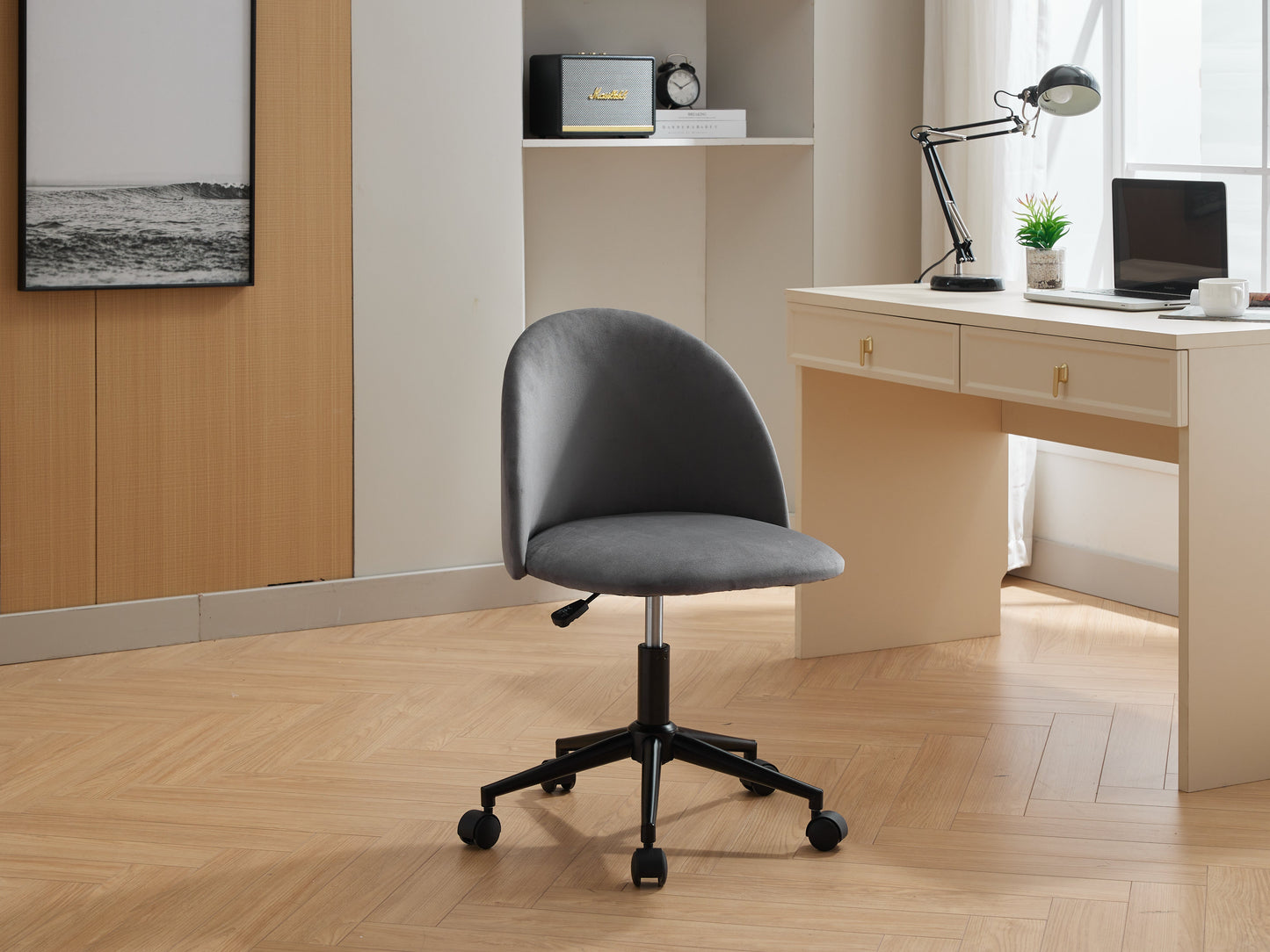 Velvet fabric office chair, mid back adjustable rotating computer chair, black legs, cushioned office chair with wheels - Korvel