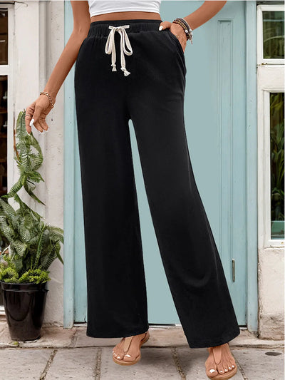 Drawstring High Waist Straight Pants - Korvel