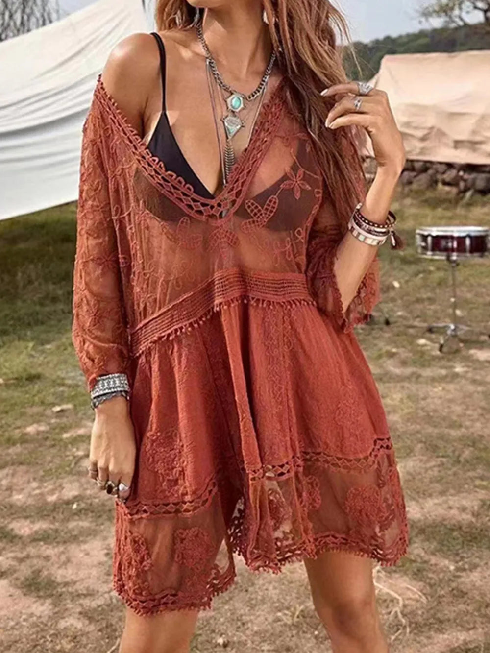 Sexy lace loose beach vacation hooded skirt bikini jacket swimsuit women - Korvel