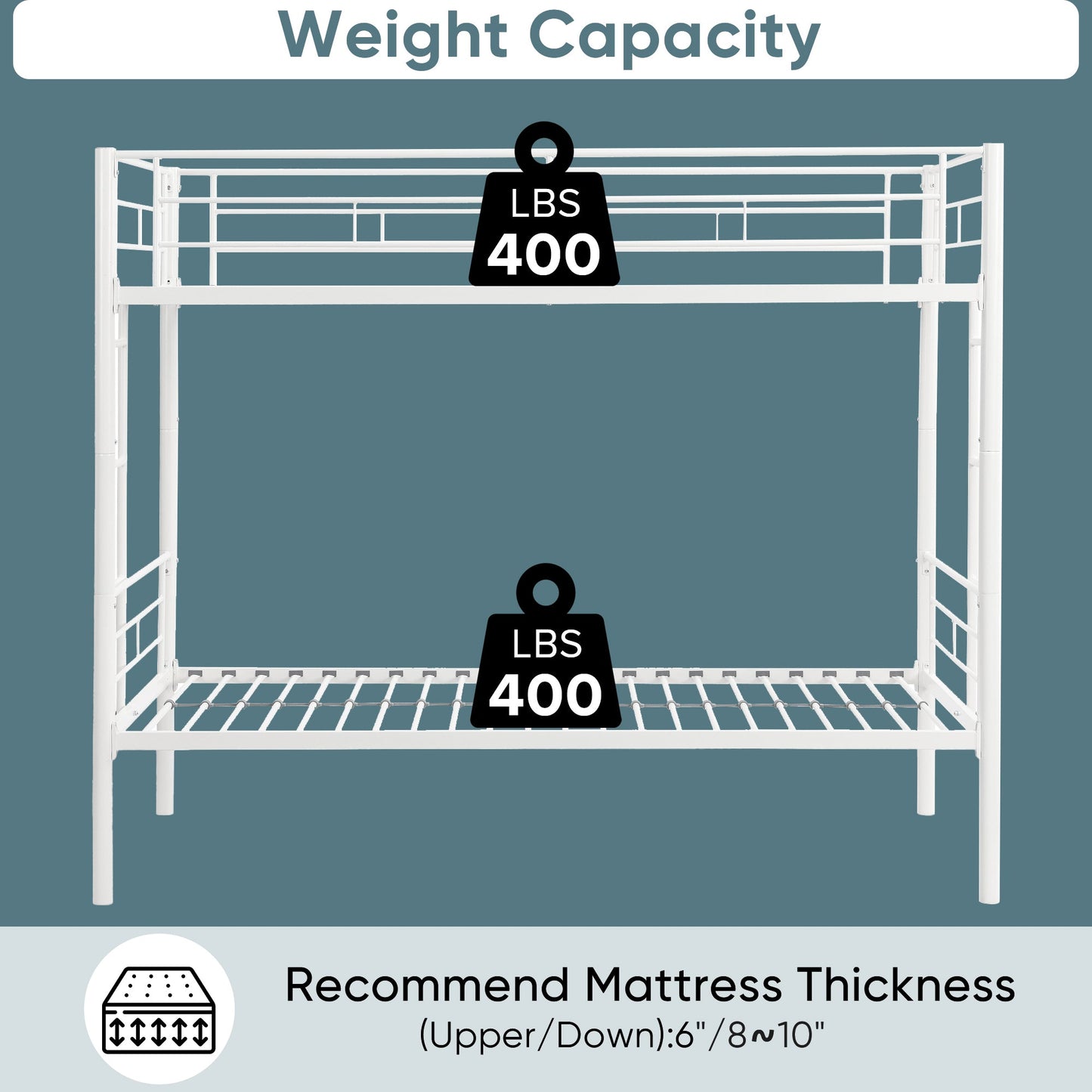 Twin metal bunk beds, metal structure bed frame with safety guardrails and 2 ladders, convertible bunk beds, white - Korvel