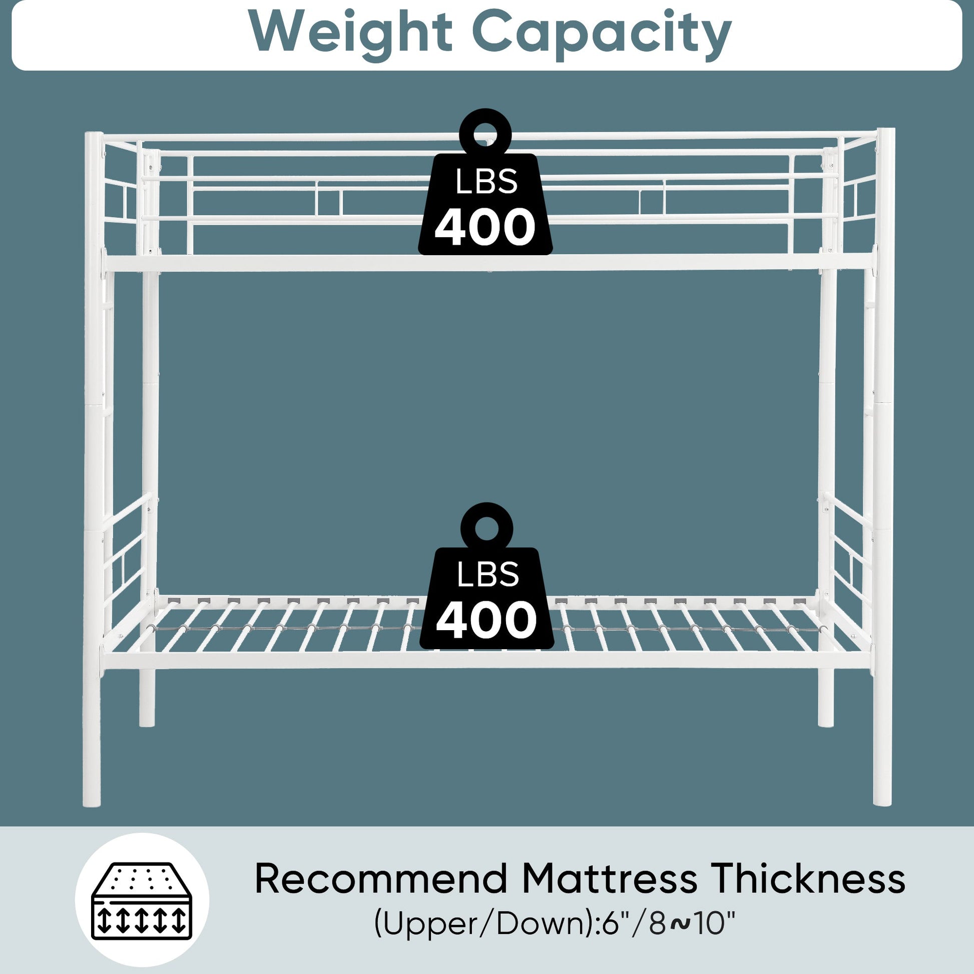 Twin metal bunk beds, metal structure bed frame with safety guardrails and 2 ladders, convertible bunk beds, white - Korvel