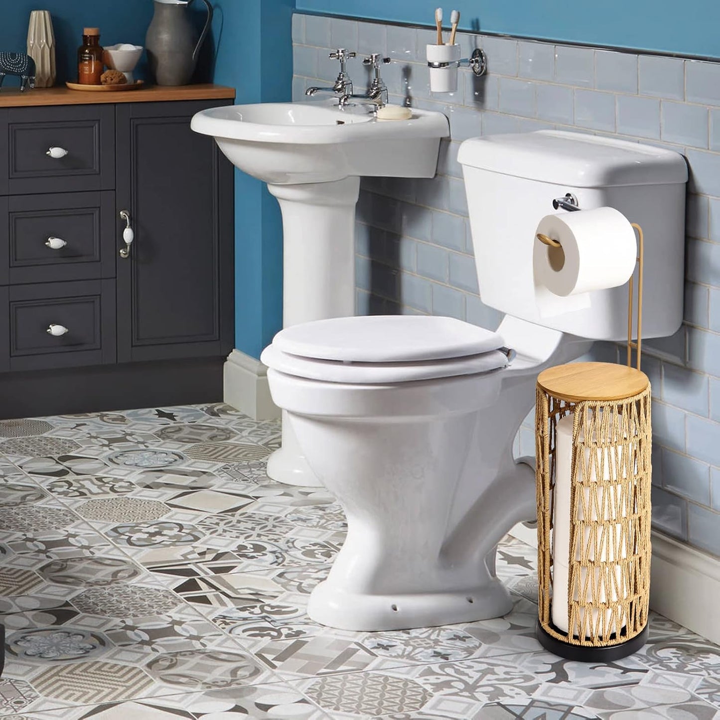 Porte-papier toilette autoportant fait main avec rangement