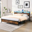Industrial extra large bed frame with LED lights and 2 USB ports, extra large bed frame with storage space, rural brown color - Korvel