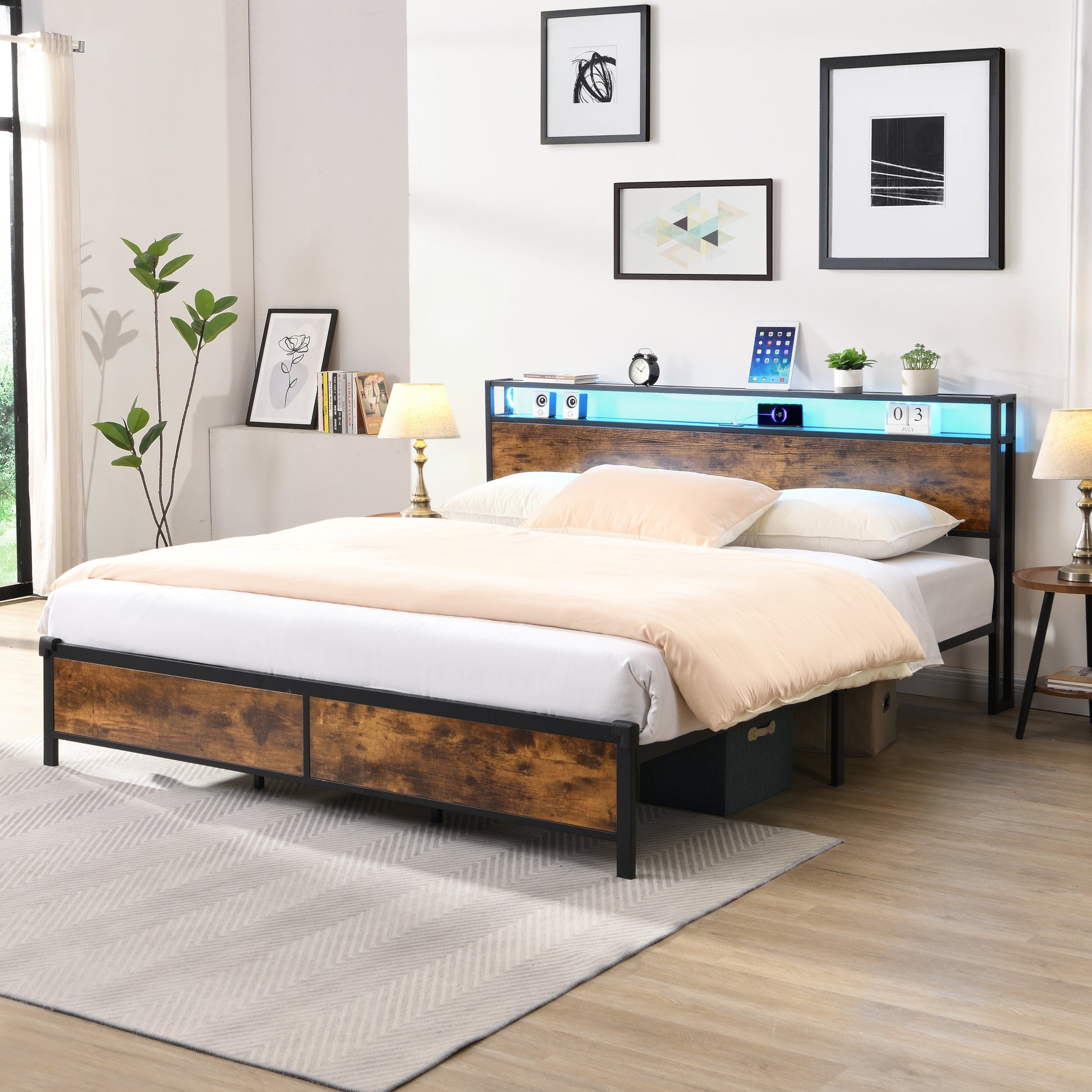 Industrial extra large bed frame with LED lights and 2 USB ports, extra large bed frame with storage space, rural brown color - Korvel