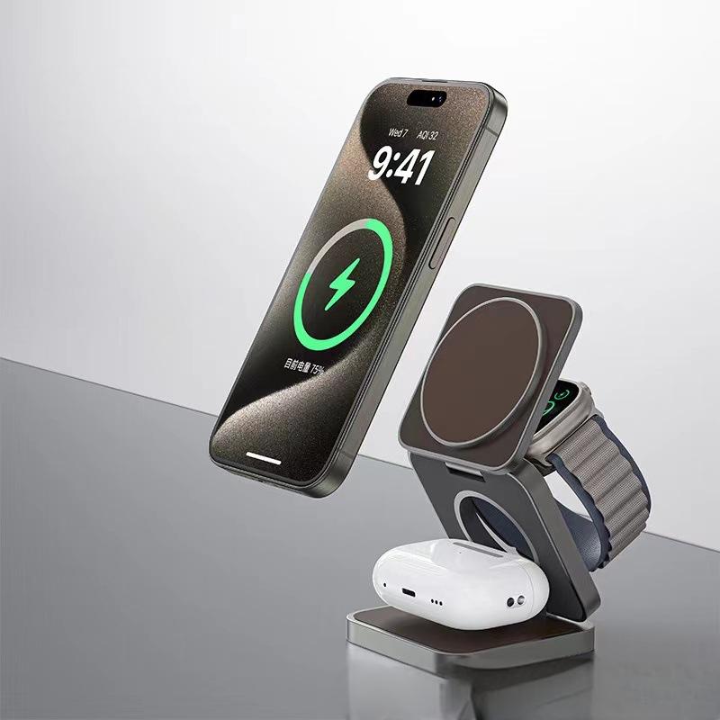 Three in one wireless charger with foldable magnetic suction suitable for iPhone wireless charging, phone holder desktop - Korvel
