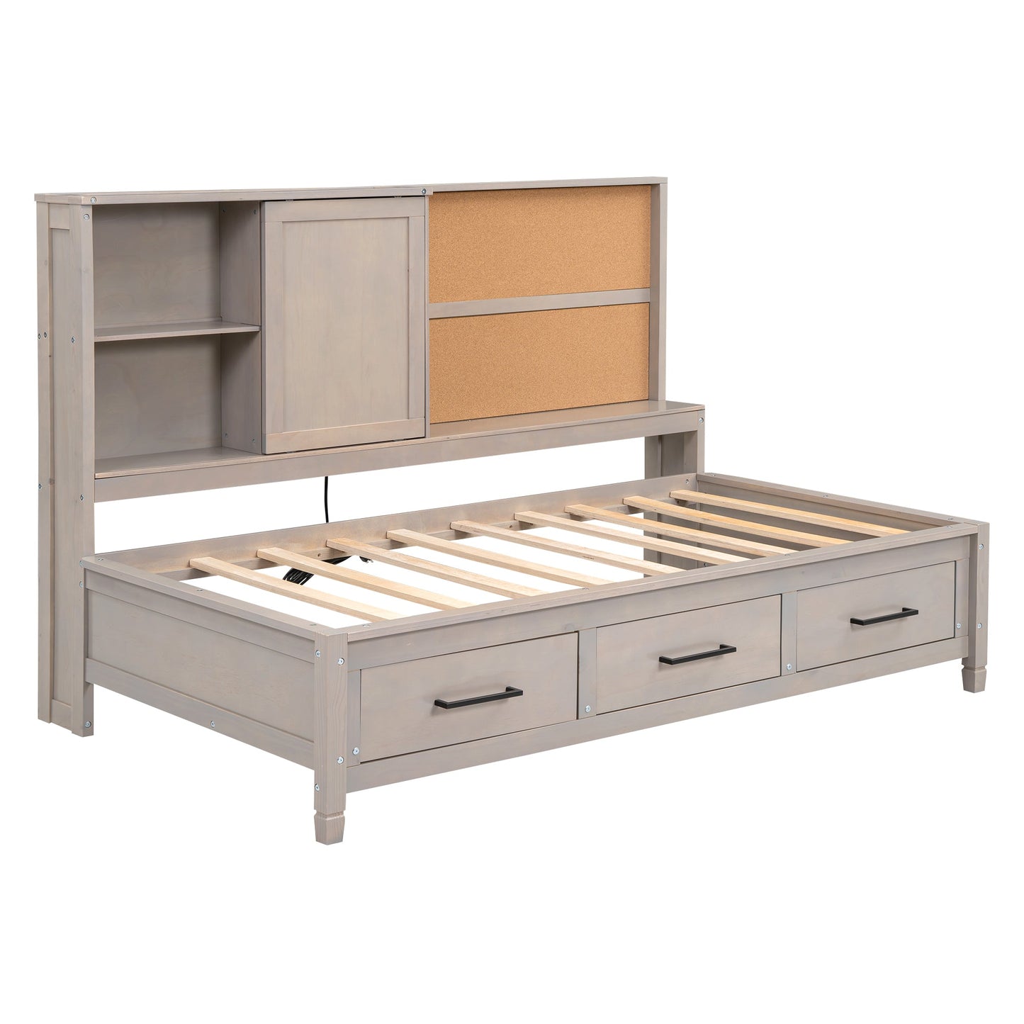 Twin Size Lounge Daybed with Storage Shelves, Cork Board, USB Ports and 3 Drawers, Antique Gray - Korvel