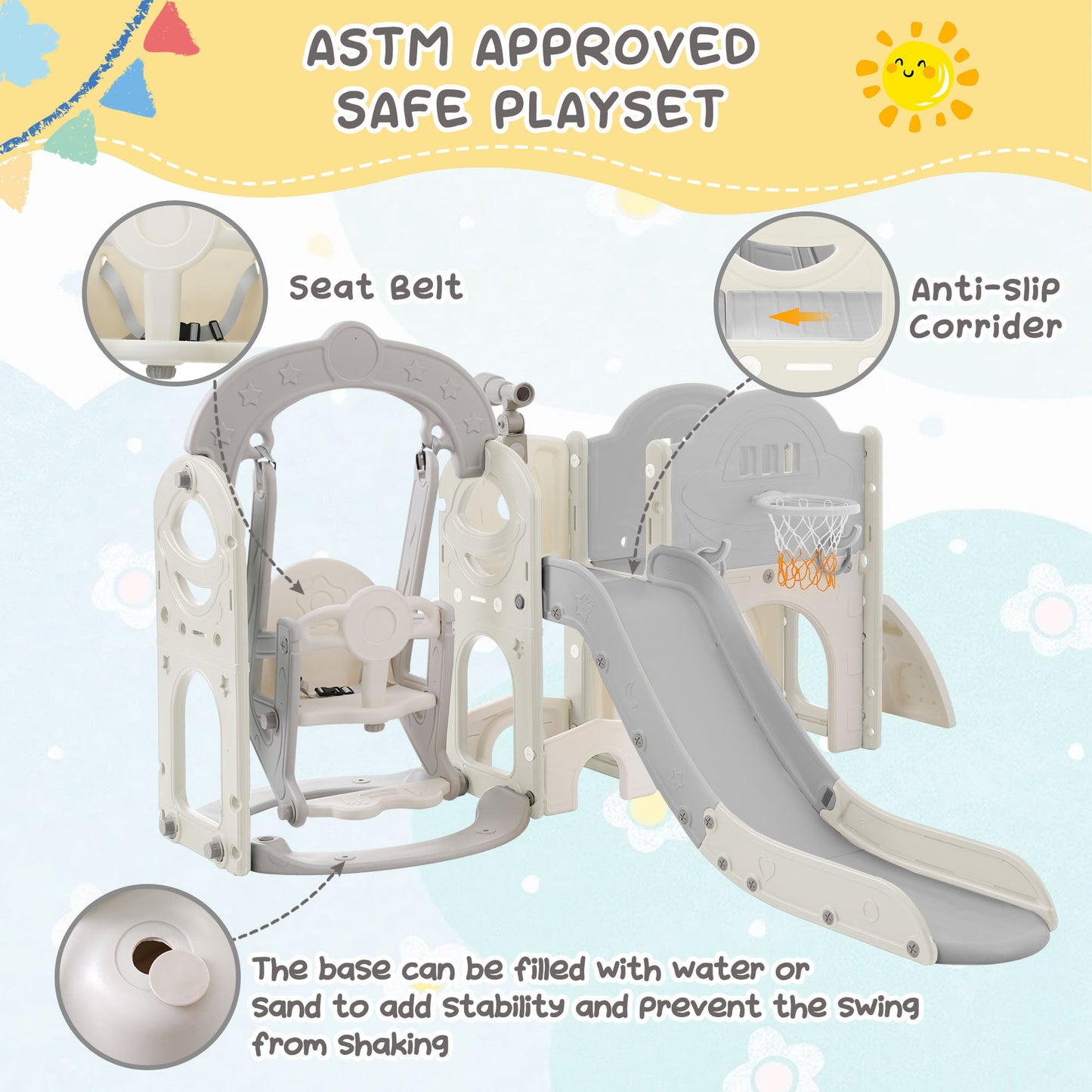 Toddler Slide and Swing Set 7 in 1, Kids Playground Climber Slide Playset with Basketball Hoop Freestanding  Combination - Korvel