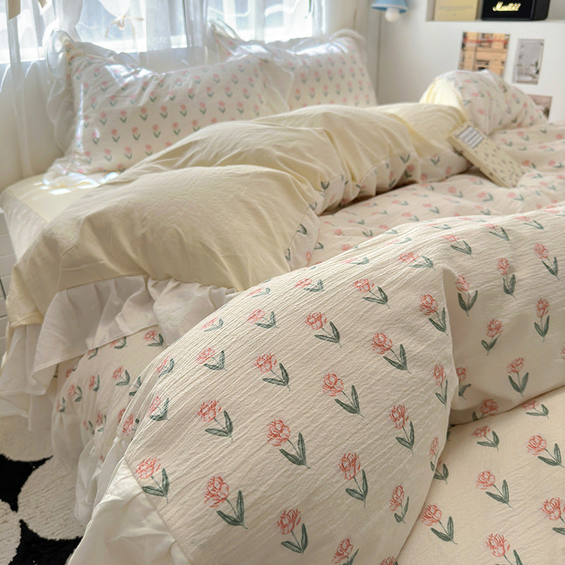 French Romantic Lace Washed Cotton Bed Sheet Set