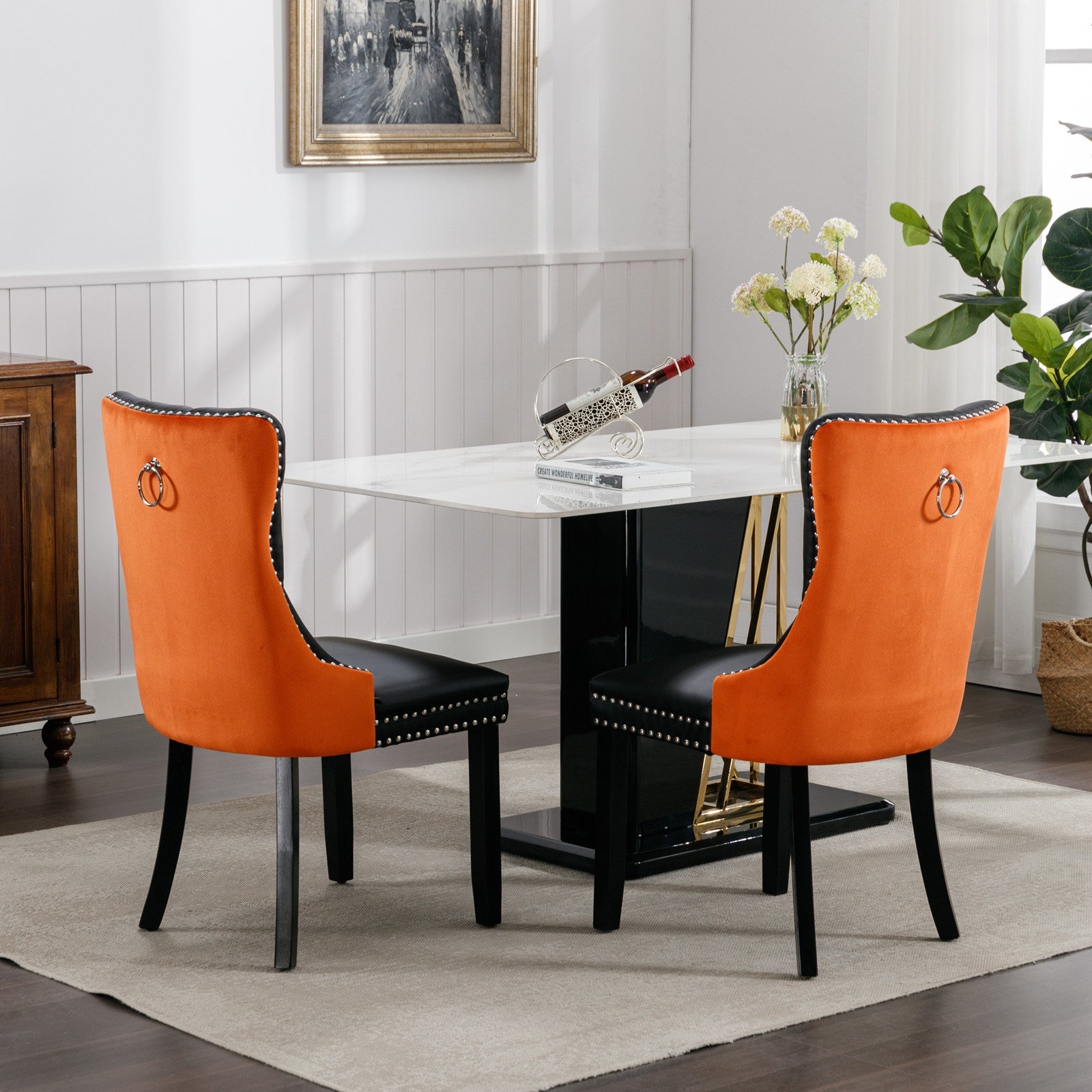 Tufted Solid Wood Contemporary PU and Velvet Upholstered Dining Chair with Wood Legs Nailhead Trim 2-Pcs Set Black+Orange - Korvel