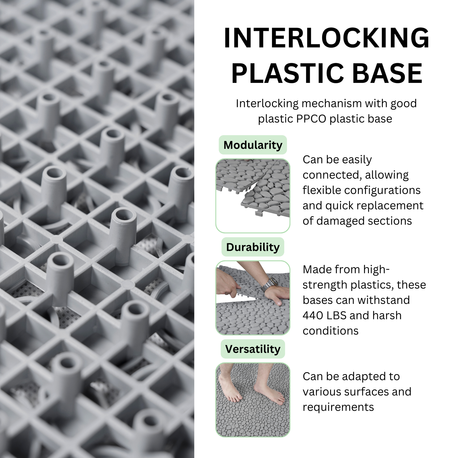 12 x 12 inch gray interlocking deck tiles, plastic waterproof pebble pattern, pack of 12 pieces - Korvel