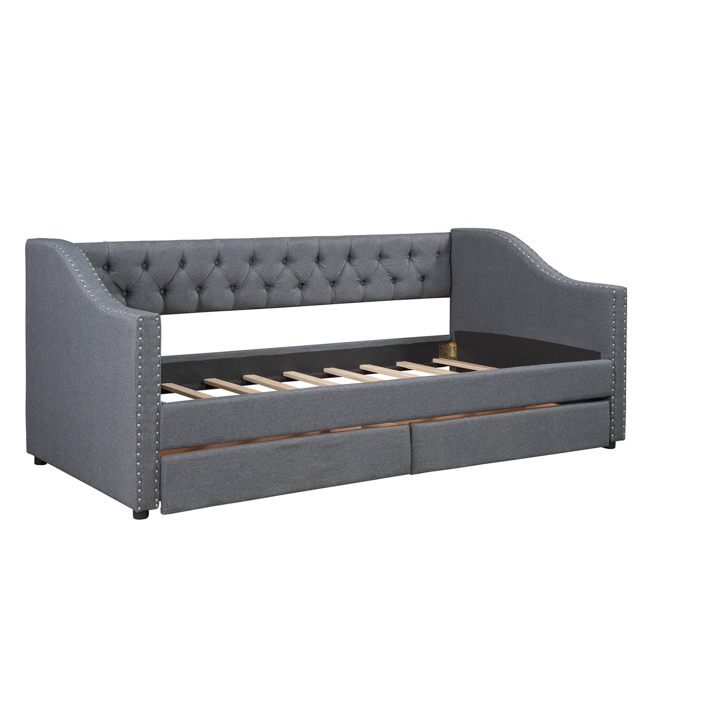 Cama nido tapizada de tamaño individual con dos cajones - Gris