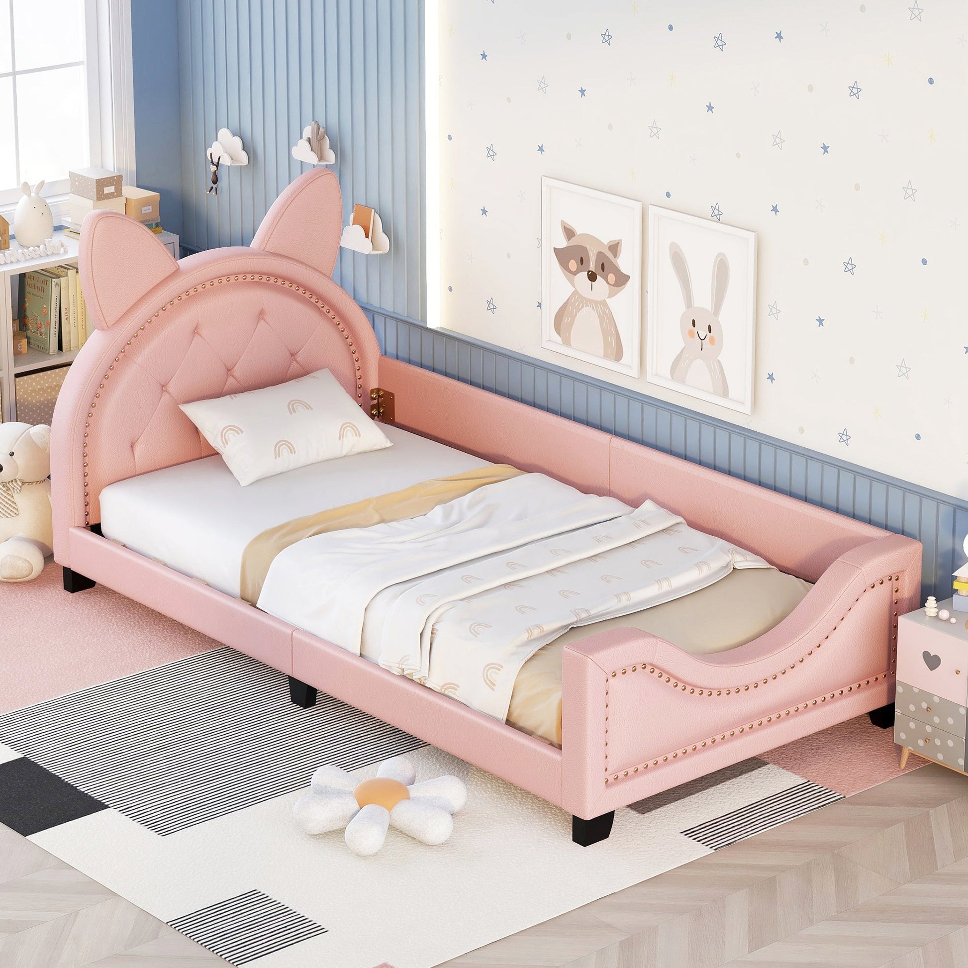 Twin Size Upholstered Daybed with Carton Ears Shaped Headboard  Pink - Korvel