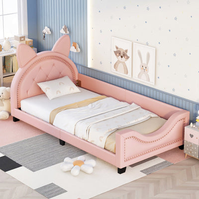 Twin Size Upholstered Daybed with Carton Ears Shaped Headboard  Pink - Korvel