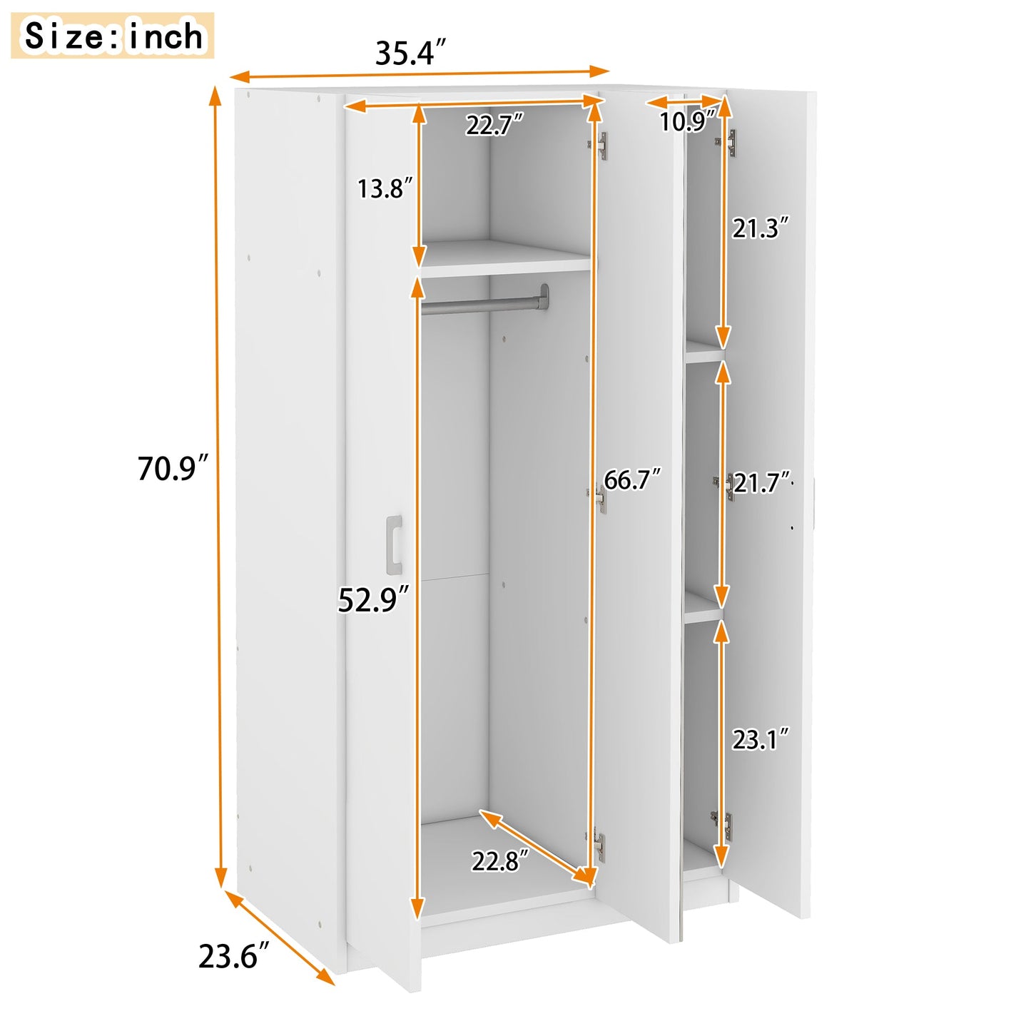 3 Door Wardrobe with Mirror, Armoire with Hanging Rod and 3 Fixed Shelves,White - Korvel