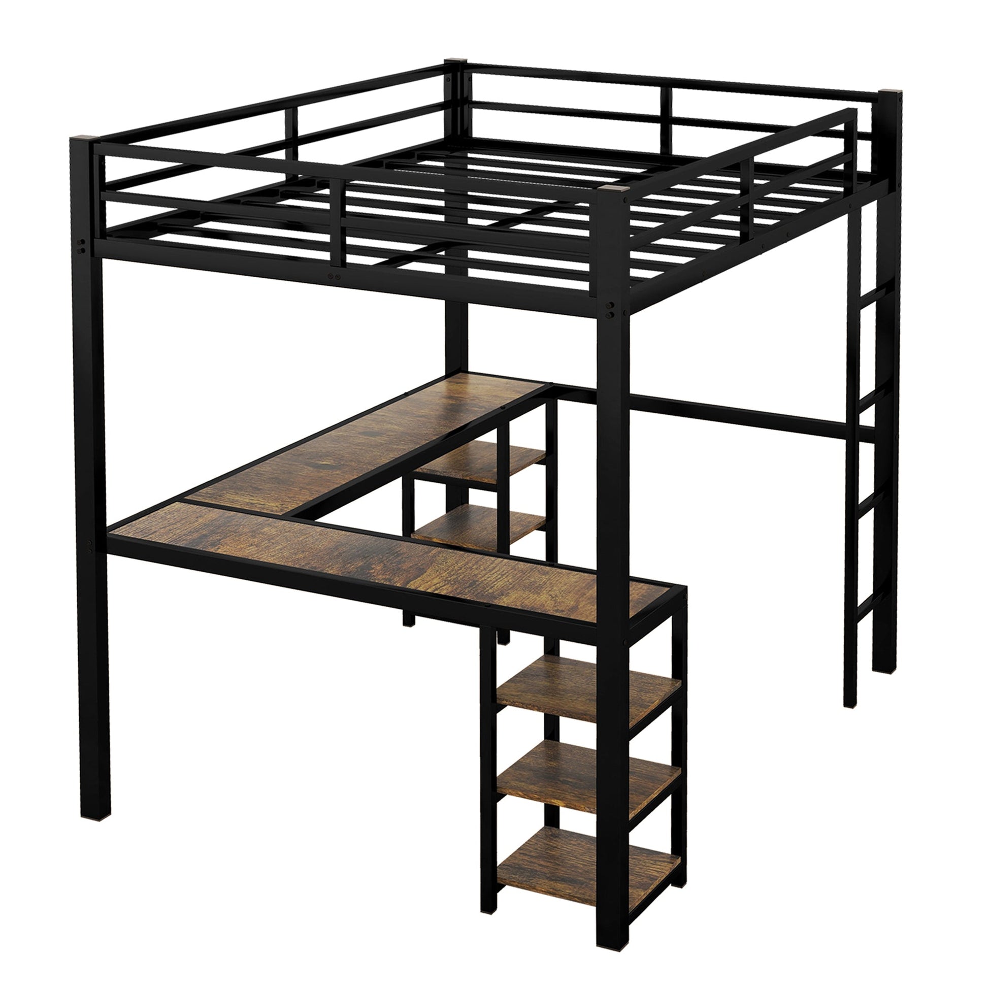 Full metal loft bed with desk and shelf, loft bed with ladder and guardrail, bedroom loft bed frame, black - Korvel