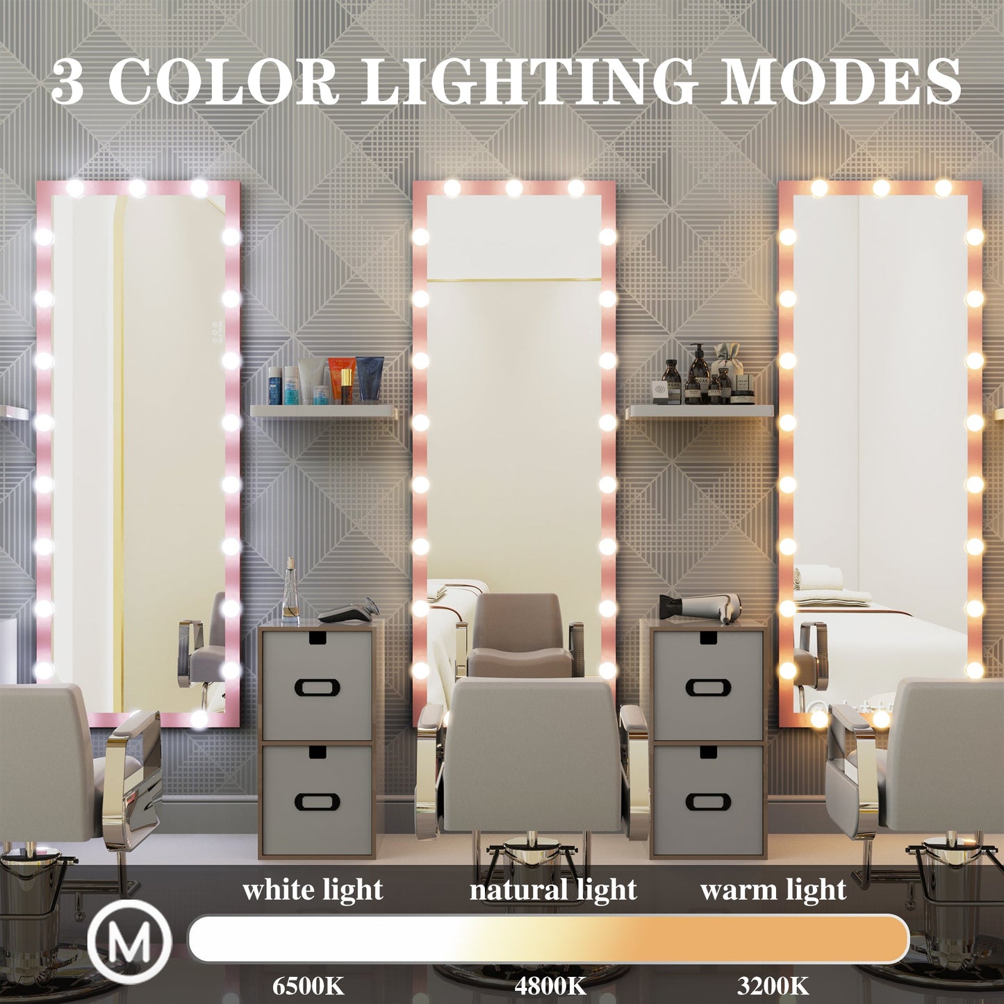 62.6-inch x 23.3-inch pink Hollywood illuminated full body vanity mirror with 3 color modesstanding floor mirror touch control - Korvel