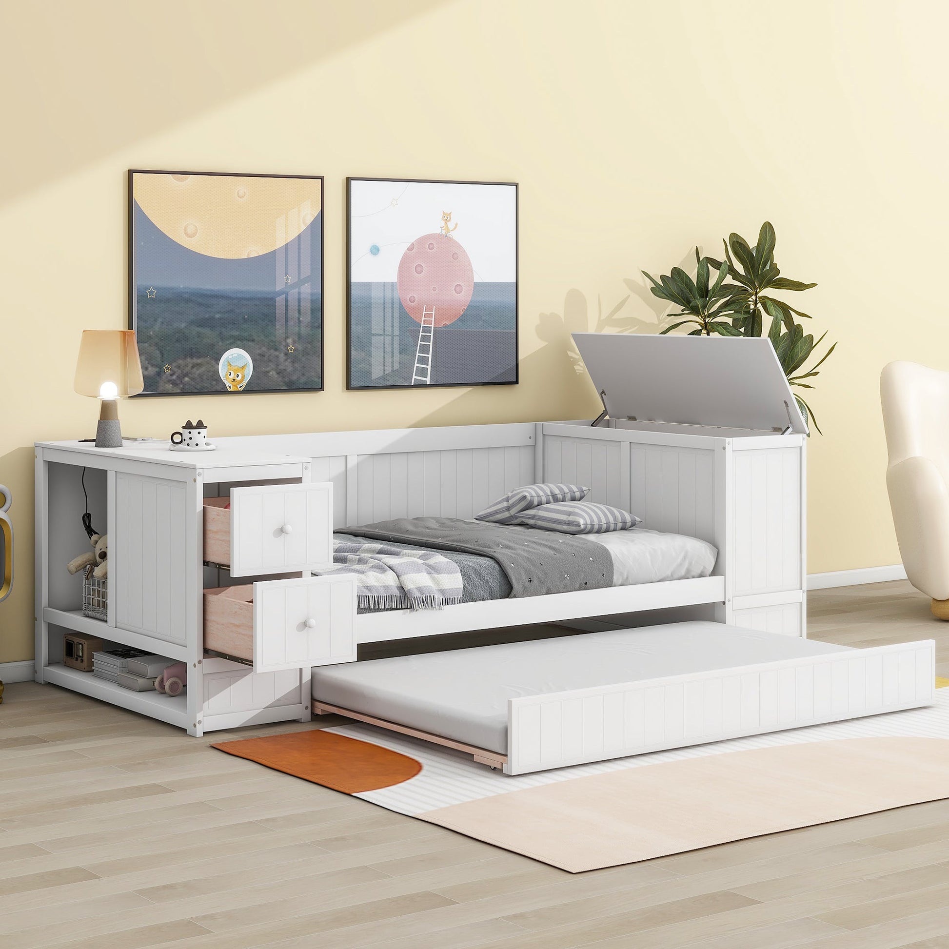 Twin Size Daybed with Storage Arms  Trundle and Charging Station White - Korvel