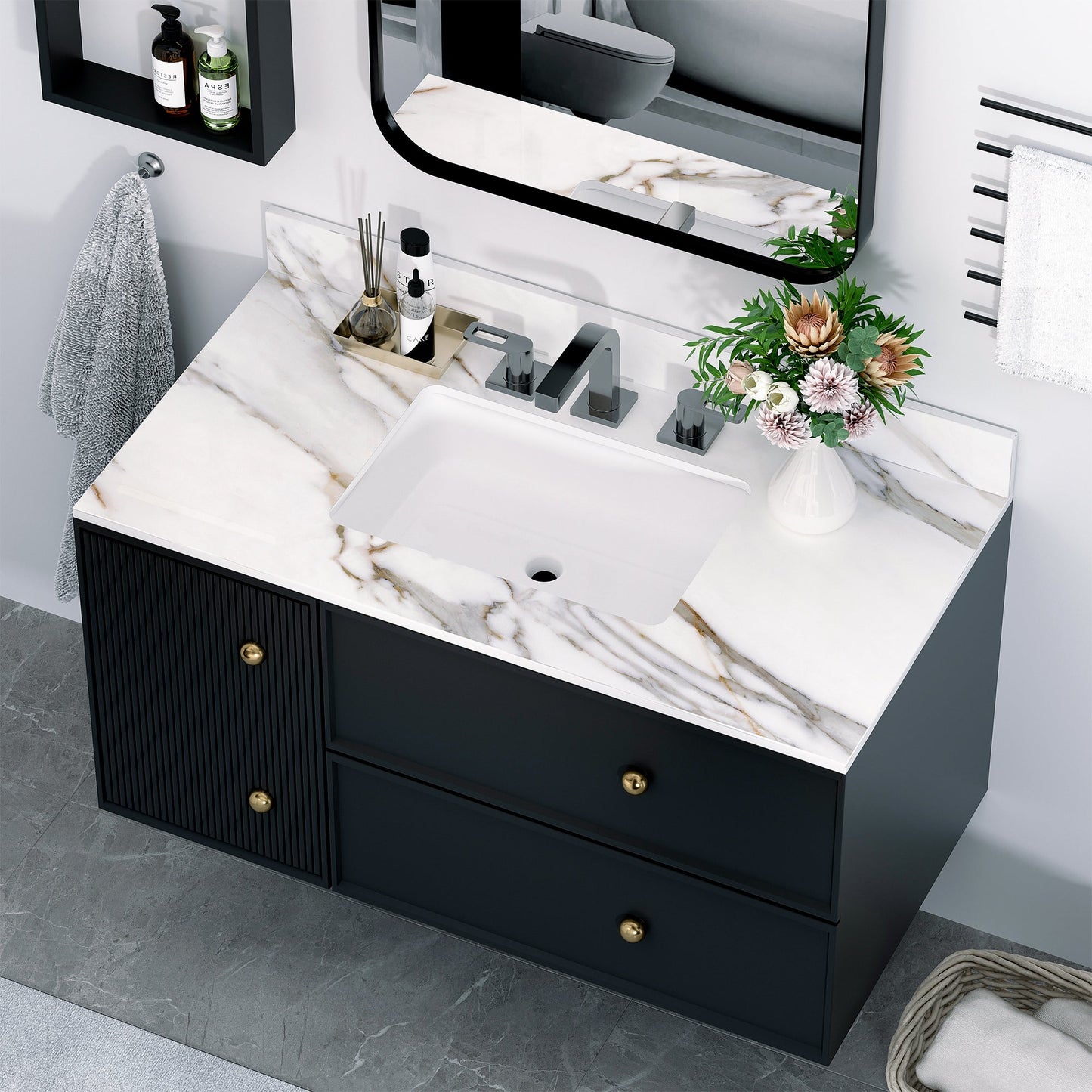 43 inch marble countertop with base rectangular central sink and 4-inch high splash guard, pre drilled 8-inch faucet hole ，white - Korvel