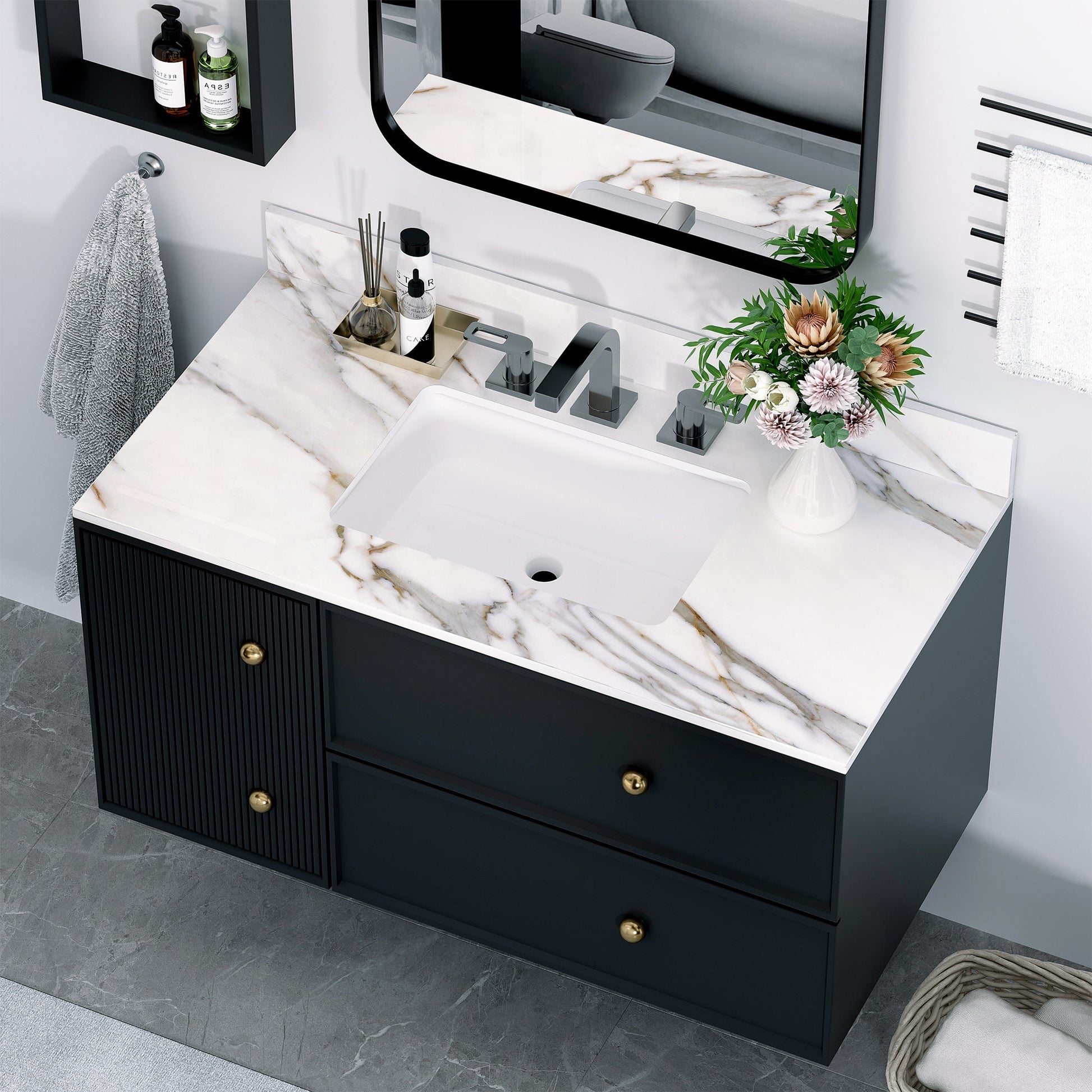 43 inch marble countertop with base rectangular central sink and 4-inch high splash guard, pre drilled 8-inch faucet hole ，white - Korvel