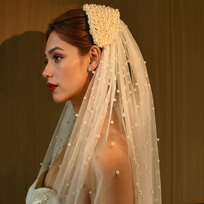 Pearl Hair Band Bridal Veils Extra Long Royal Cathedral Length Veil Wedding Veils with Comb Wedding Hair Accessories - Korvel