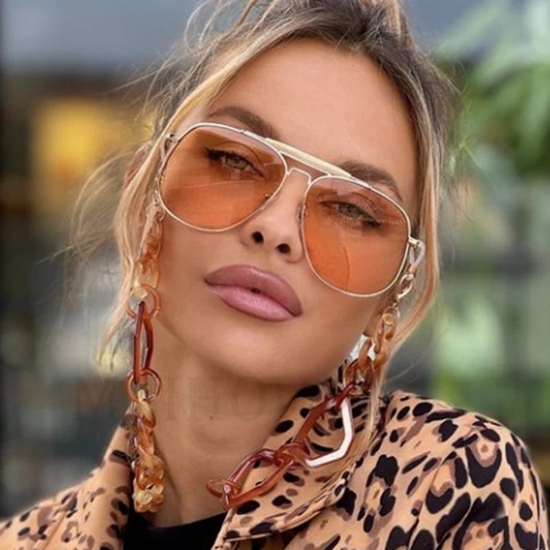 Metal Frame Pilot Sunglasses For Women Double Bridge Champagne Sun Glasses Woman Luxury Square Clear Oversize Shades - Korvel