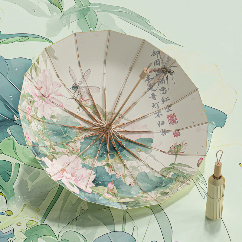 16-rib color rubber & gold aluminum alloy frame: new Chinese retro folding umbrella with sun protection and UV resistance. - Korvel