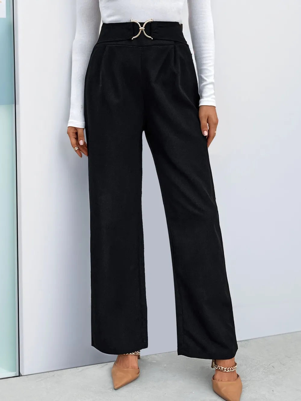 Autumn women's solid color with buckle high waisted straight leg pants - Korvel