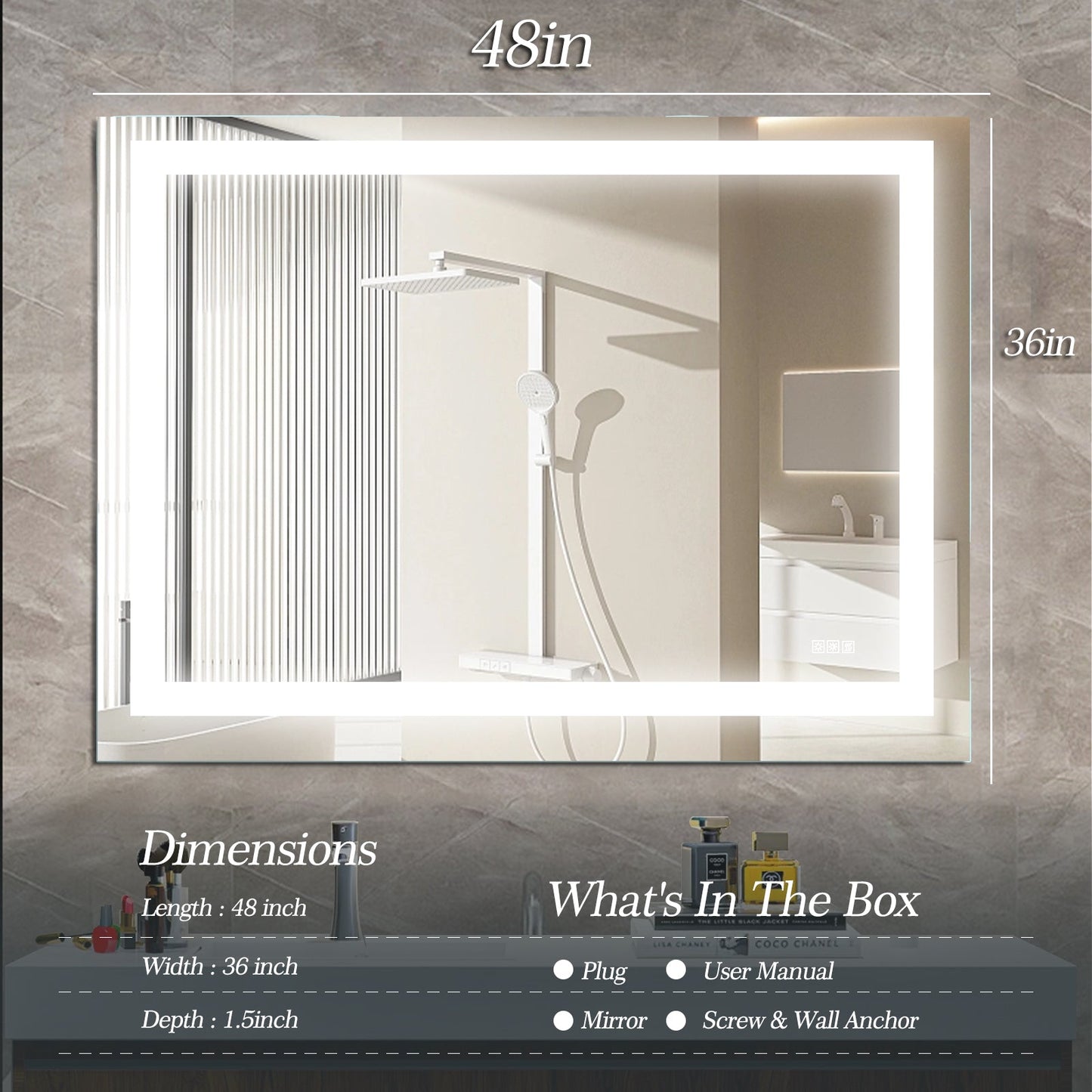 LED Bathroom Mirror 48x 36 Inch with lights, anti-Fog & Dimming Led Bathroom Vanity Mirror - Korvel