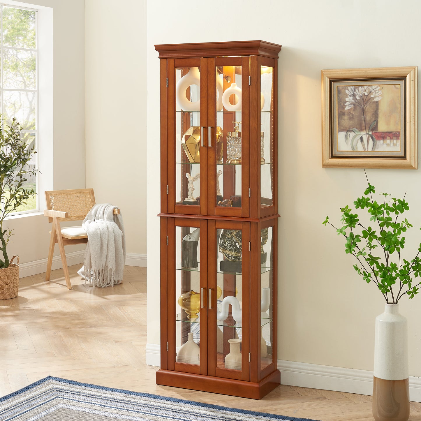 Elegant Walnut Lighting Curio Cabinet with Adjustable Shelves