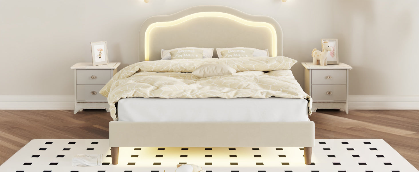 Full Size Velvet Upholstered Smart LED Bed Frame with Adjustable Height Headboard,No Box Spring Needed,Easy Assembly,Beige - Korvel