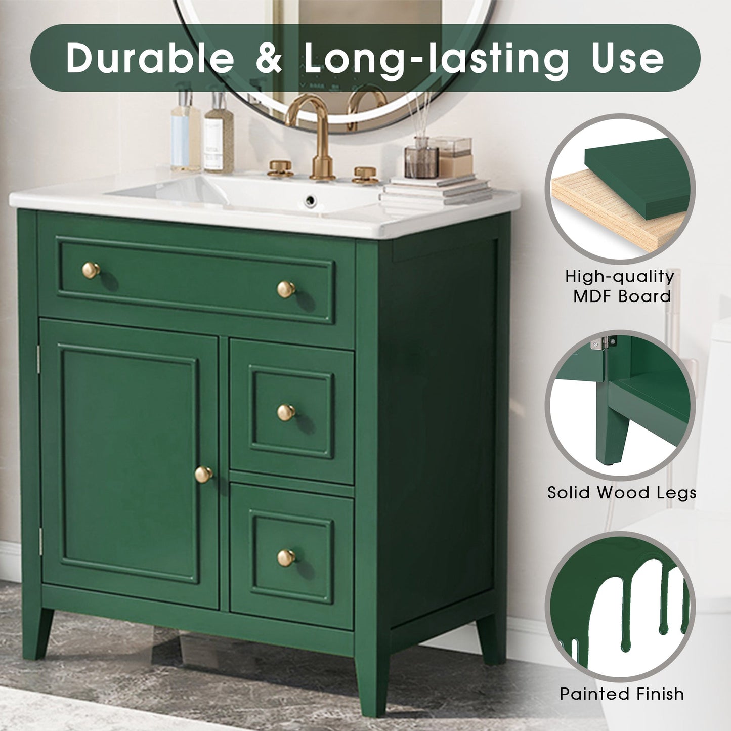 Vanidad de baño verde de 30" con lavabo y almacenamiento