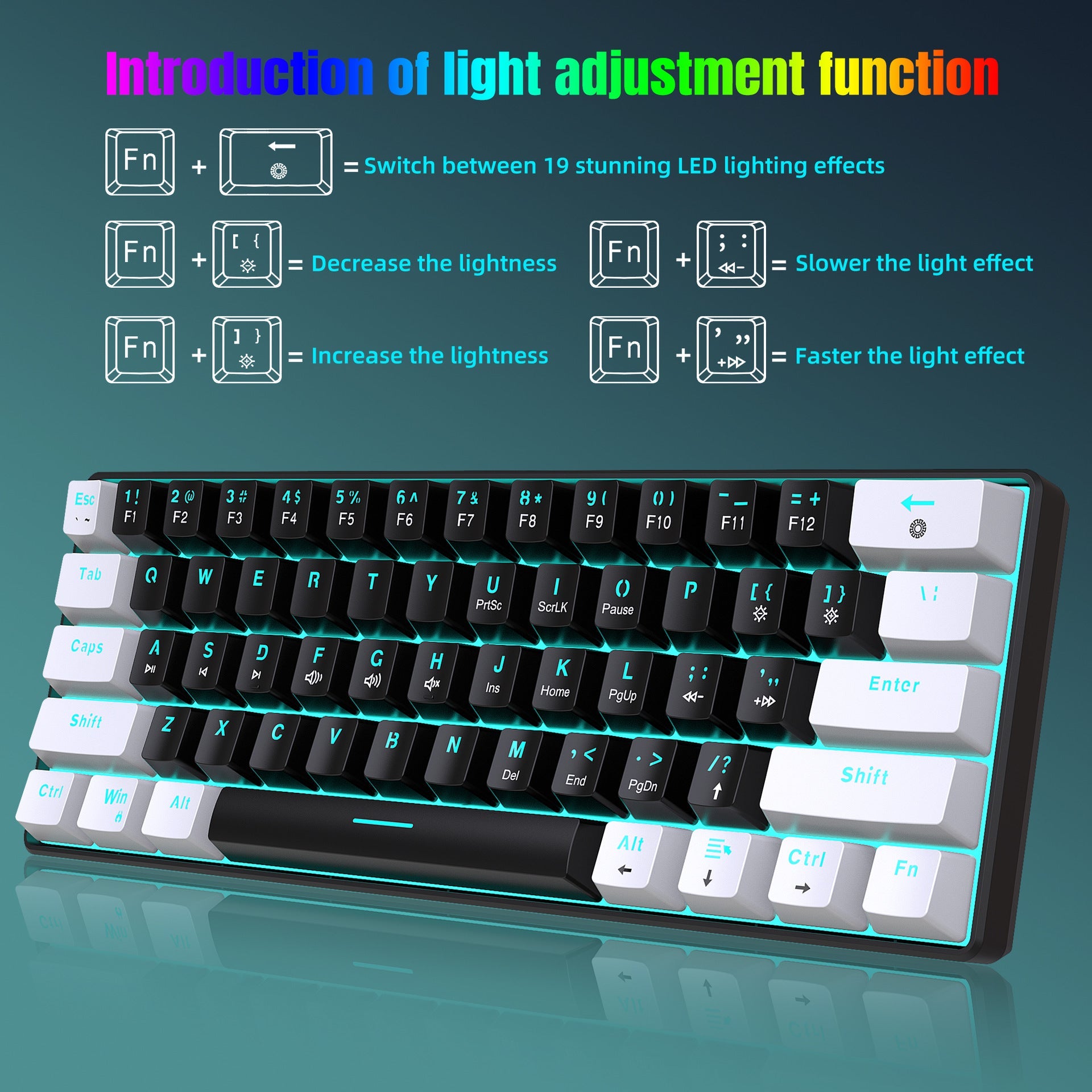Mechanical keyboard 61 key short style small keyboard for office typing, black and white dual splicing ice blue backlit blue axis gaming keyboard - Korvel