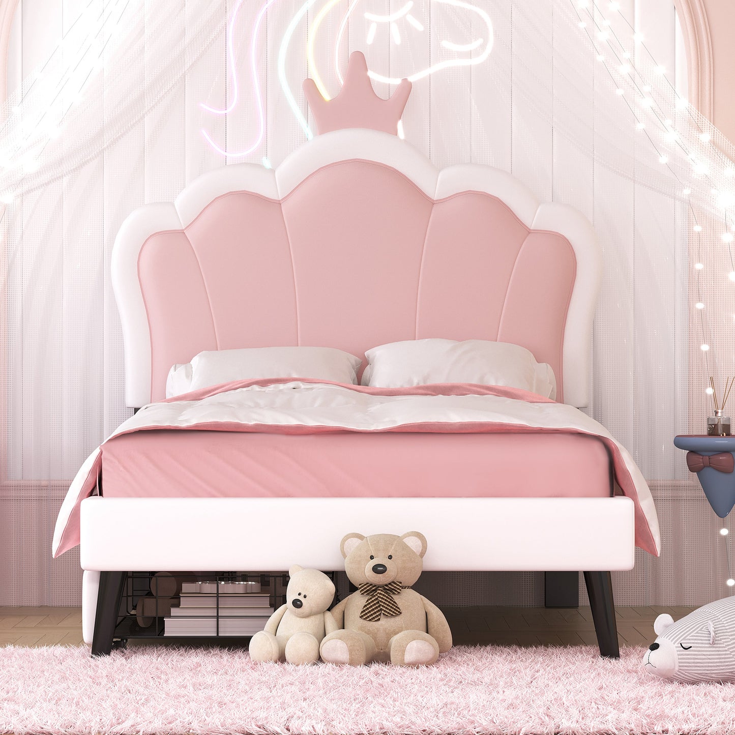 Twin Size Upholstered Princess Bed with Crown Headboard