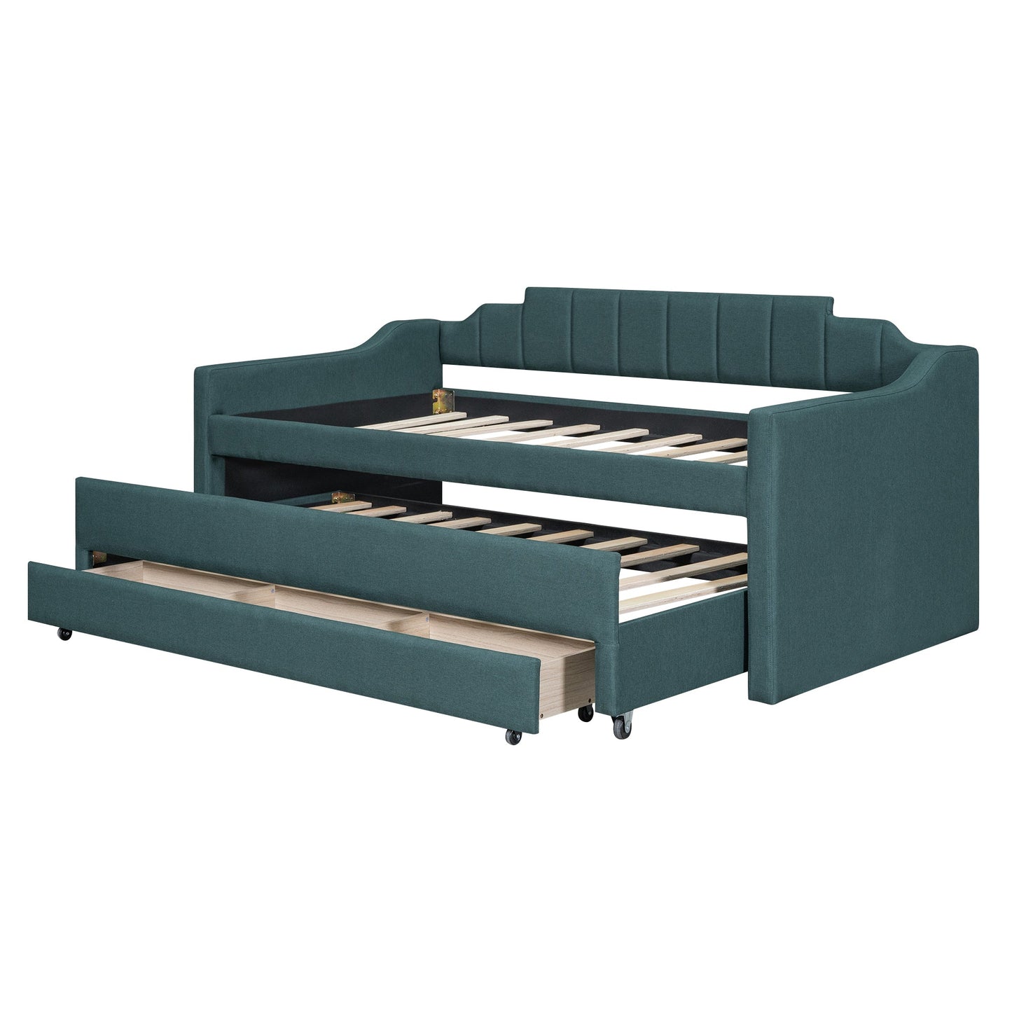 Twin Size Upholstered Daybed with Trundle and Three Drawers,Green - Korvel