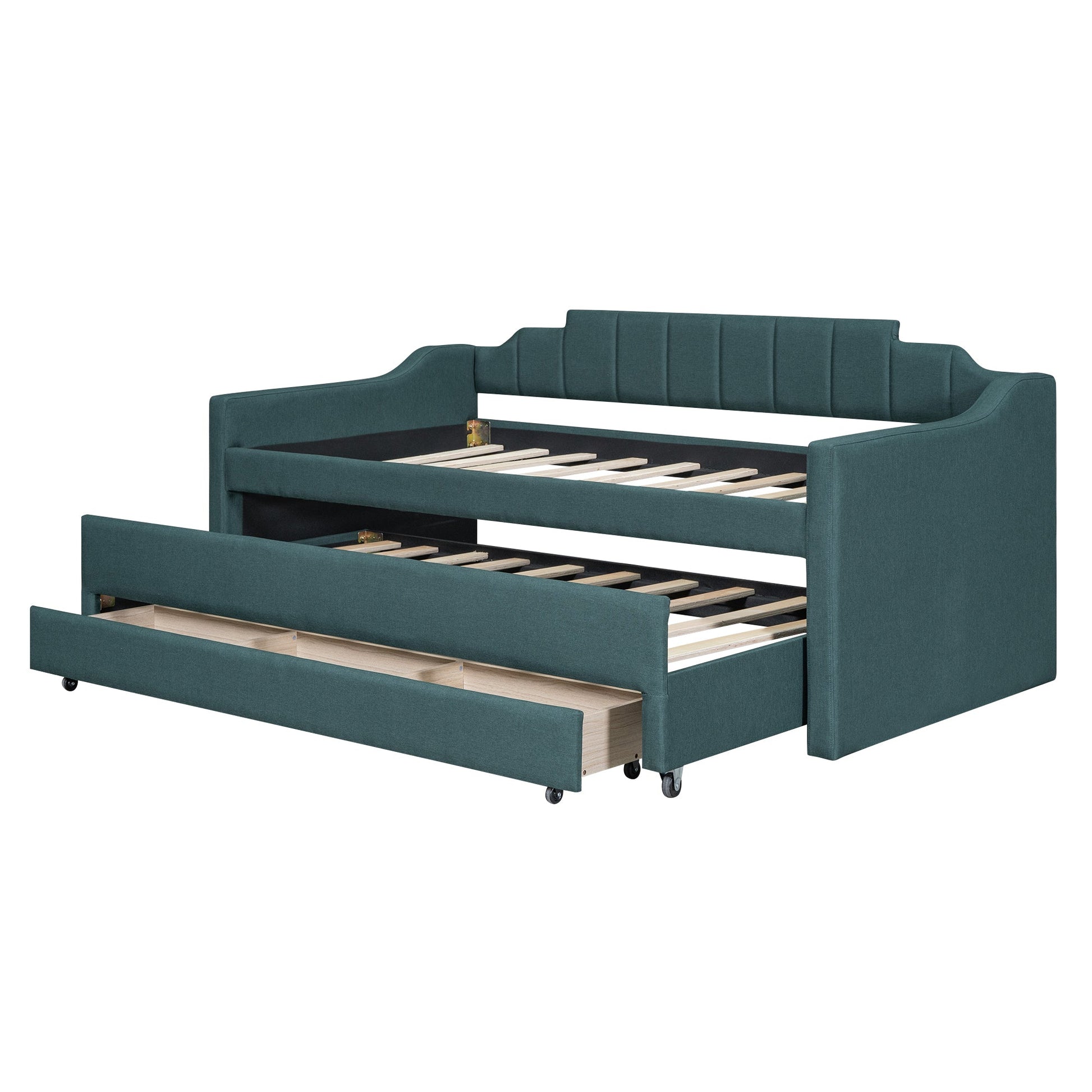 Twin Size Upholstered Daybed with Trundle and Three Drawers,Green - Korvel