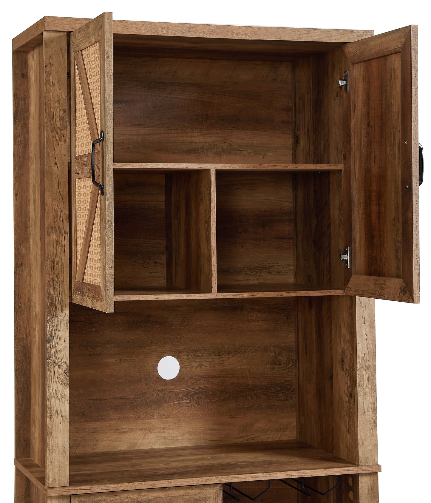 76-Inch Rustic Oak Farmhouse Wine Cabinet with Faux Rattan