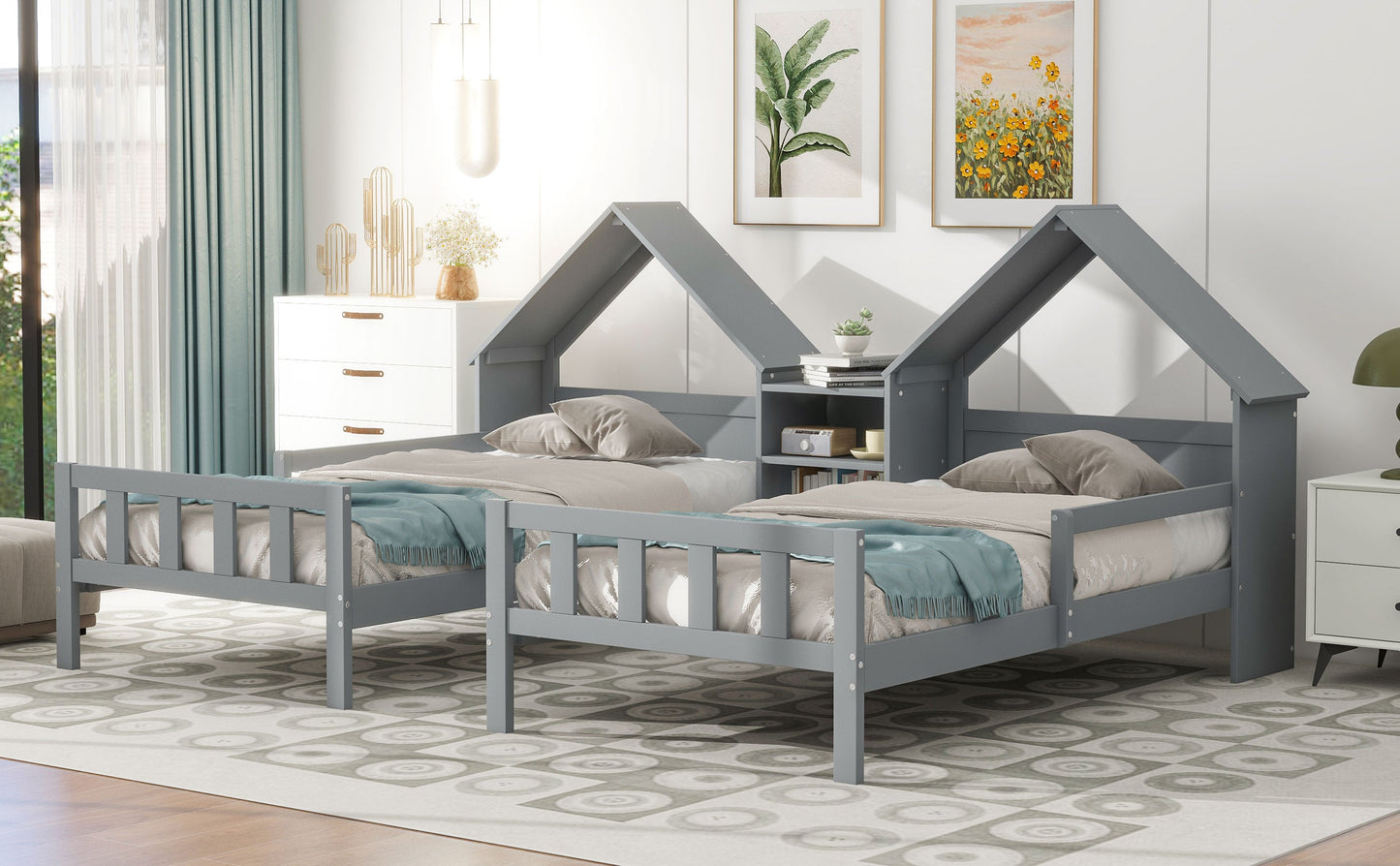 Double Twin Size Platform Bed with House-shaped Headboard and a Built-in Nightstand  Grey - Korvel