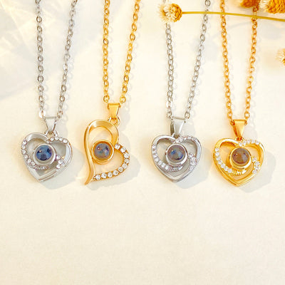 Diamond studded heart-shaped projection necklace in 100 languages. I love you, heart-shaped pendant, couple necklace - Korvel