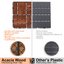 Acacia interlocking deck tile grid pattern, 10 pieces of 12 inch x 12 inch square brown Acacia hardwood outdoor flooring - Korvel