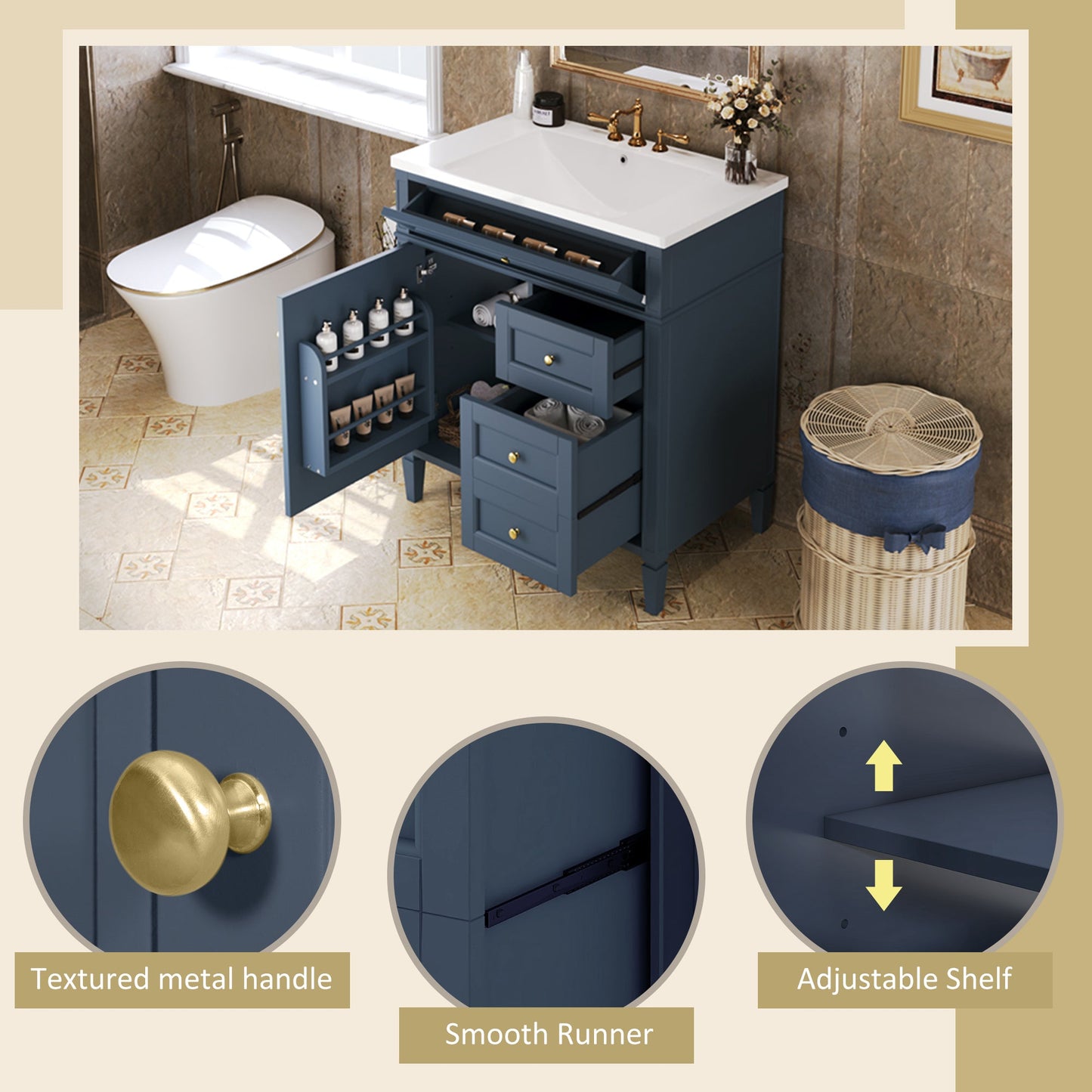Meuble de salle de bain moderne de 30 pouces avec lavabo et rangement