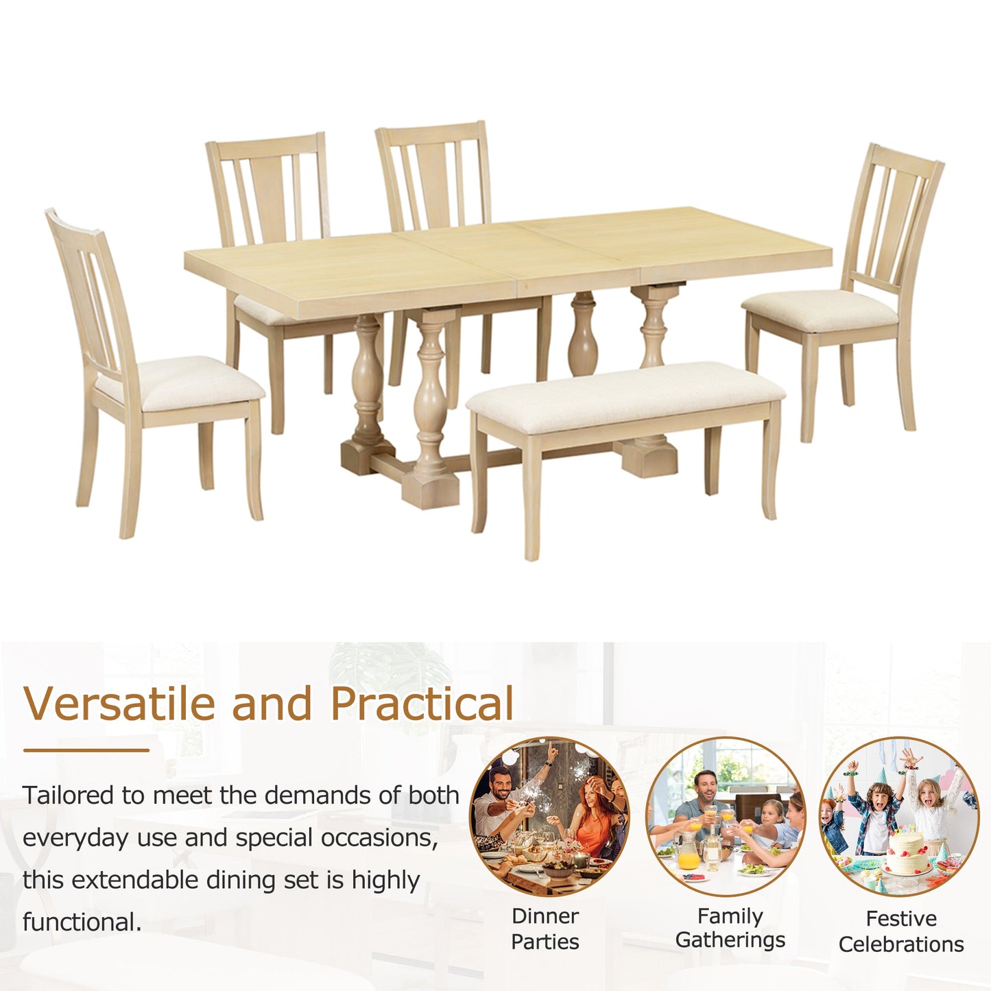 Traditional 6-Piece 78inch Trestle Extendable Dining Table Set with One 18inch Removable Leaf Padded Dining Chairs Bench,Natural - Korvel