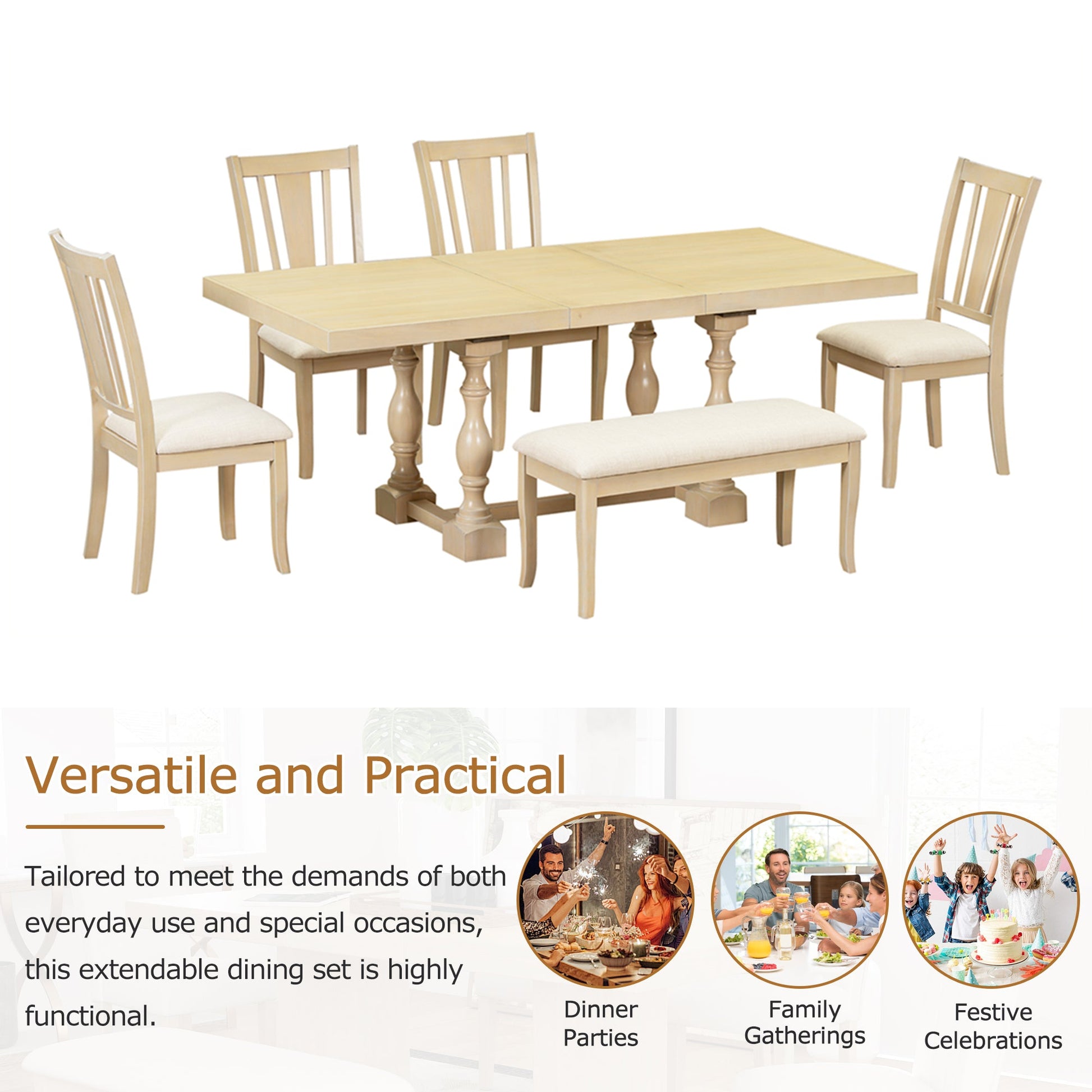 Traditional 6-Piece 78inch Trestle Extendable Dining Table Set with One 18inch Removable Leaf Padded Dining Chairs Bench,Natural - Korvel
