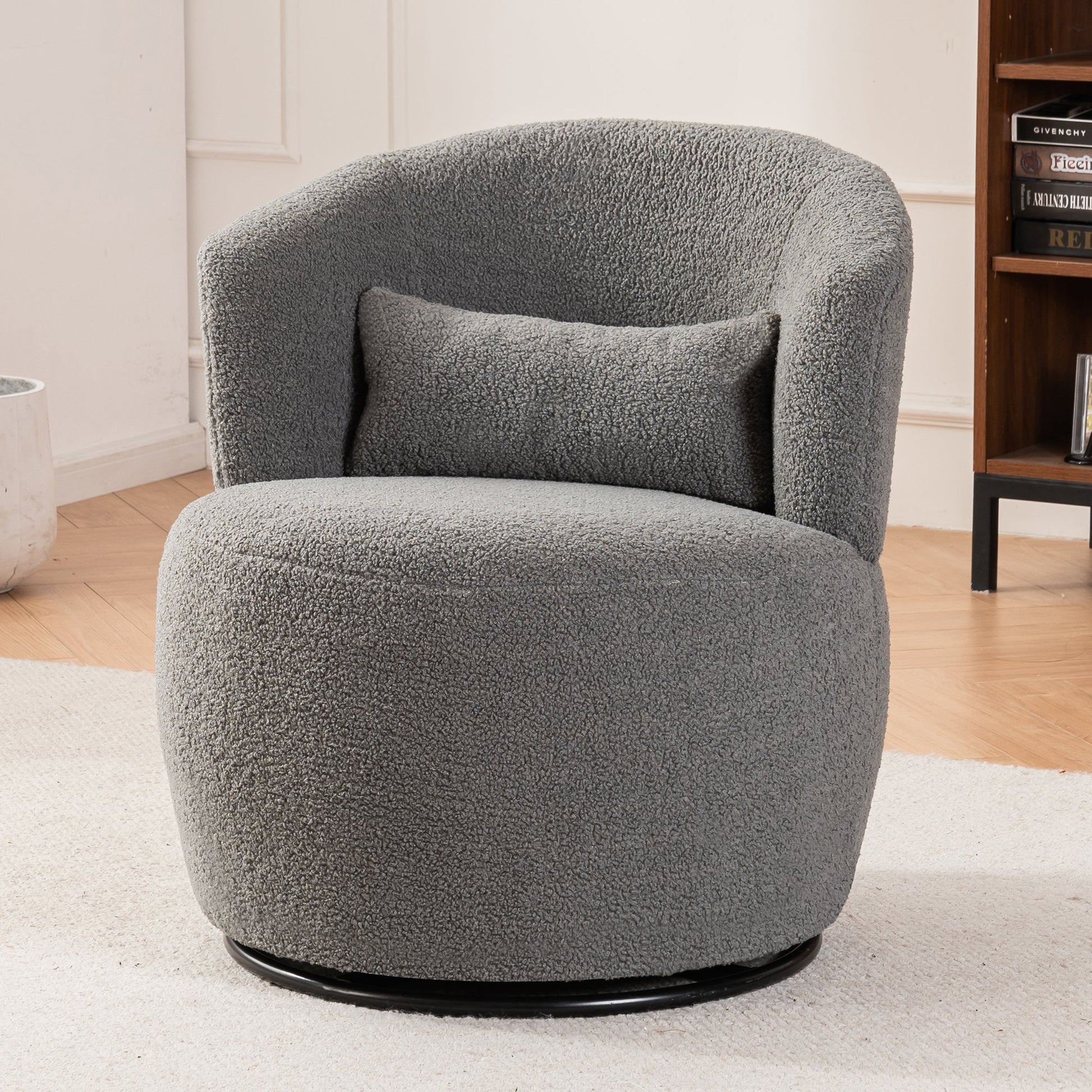 Grey Plush Swivel Accent Chair - Contemporary Round Armchair with 360° Rotation and Metal Base for Living Room Elegance - Korvel