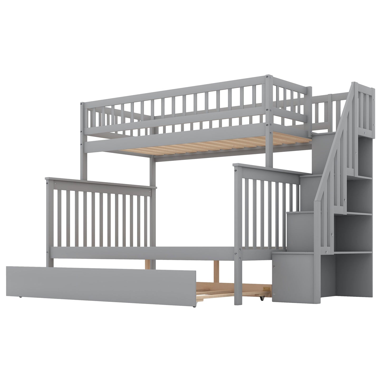 Twin over Full Bunk Bed with Trundle and Staircase Gray - Korvel