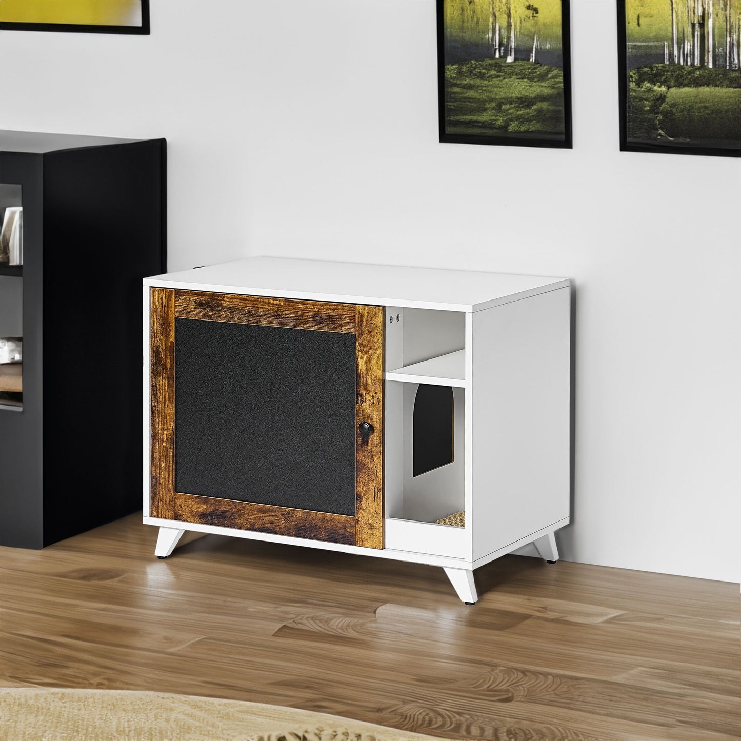 Litter Box Enclosure,Modern Hidden Cat Litter Box Enclosure Furniture with Scratching Pad for Living Room, White + vintage - Korvel
