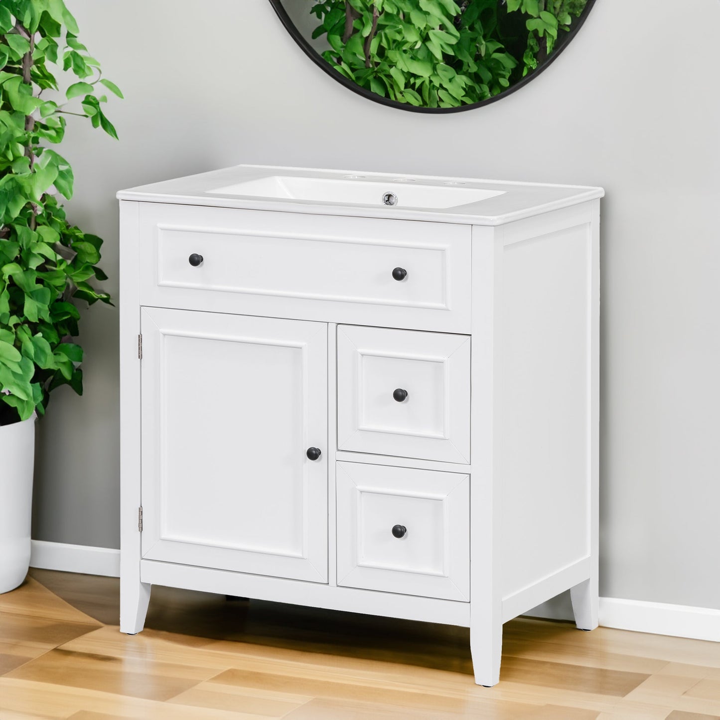 30" Bathroom Vanity with Sink Top, Bathroom Vanity Cabinet with Door and Two Drawers, Solid Wood Frame, One Package, White - Korvel