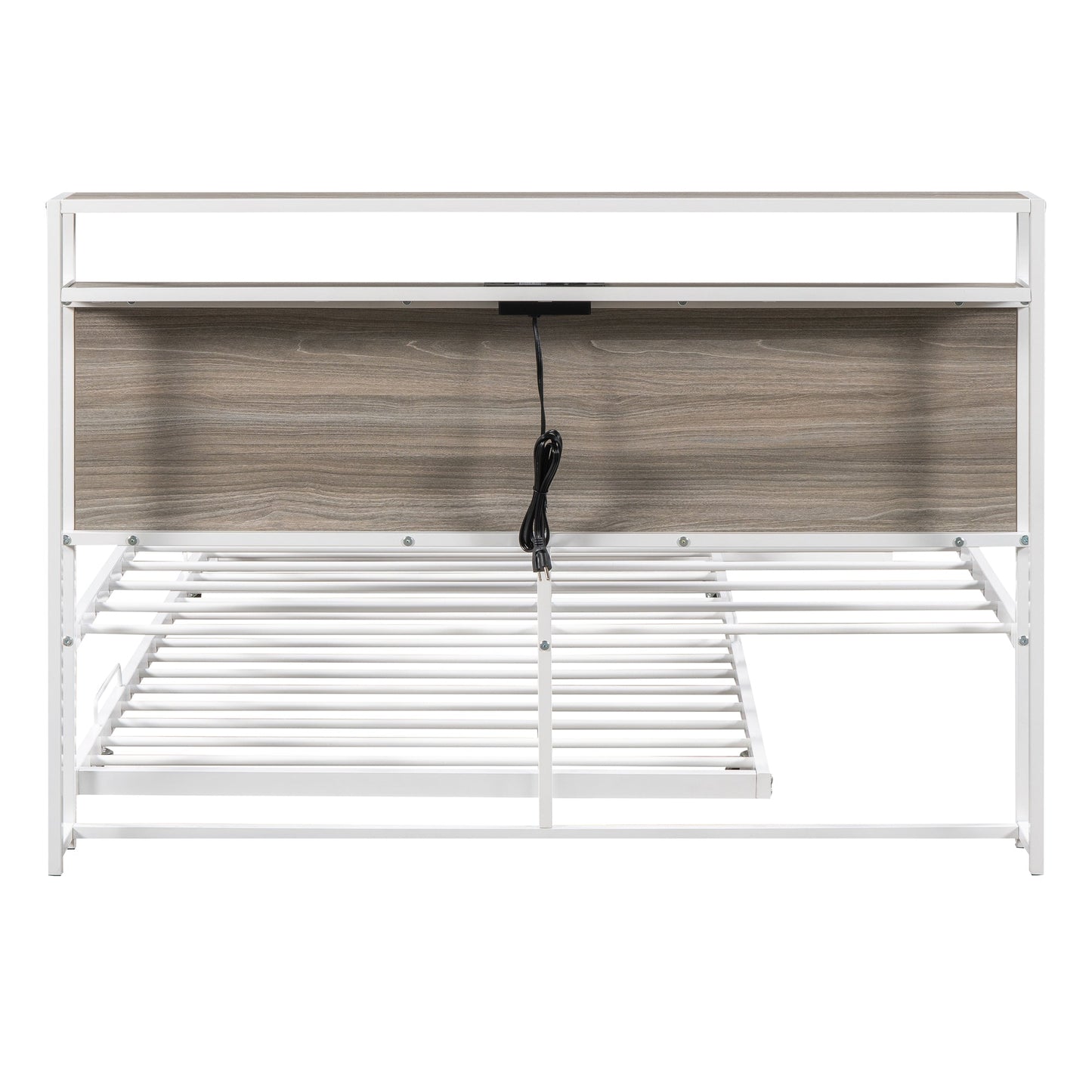 Full Size Metal Platform Bed Frame with Trundle, USB Ports and Slat Support No Box Spring Needed White - Korvel